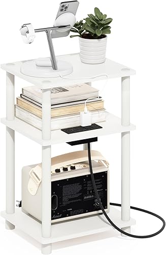Furinno JUST - Mesa auxiliar de 3 niveles con estación de carga, mesita de noche de fácil montaje, mesita de noche con puerto de carga USB y tipo C,