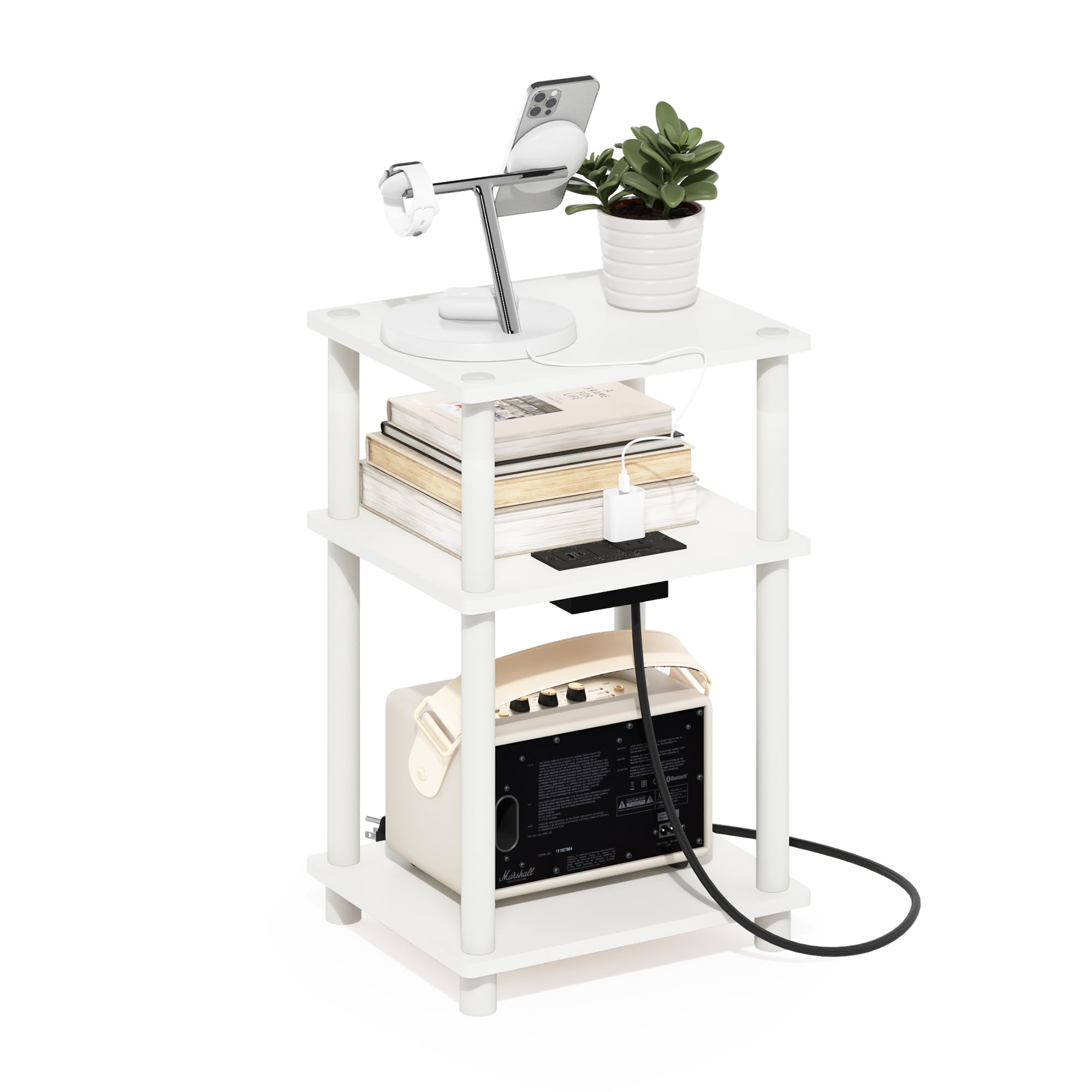 Furinno JUST Side Table 3-Tier Modern End Table with Charging Station Easy Assembly Night Stand Bedside Table with