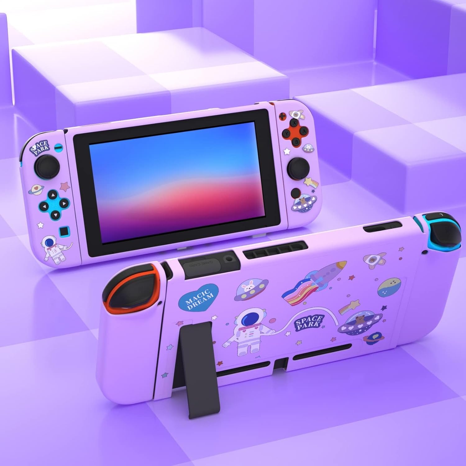 Dockable Switch Purple Case for Girls – Cute Kawaii Soft TPU Protective Cover with Thumb Grips and Screen Protector Compatible with Standard Nintendo Switch Only - Image 2