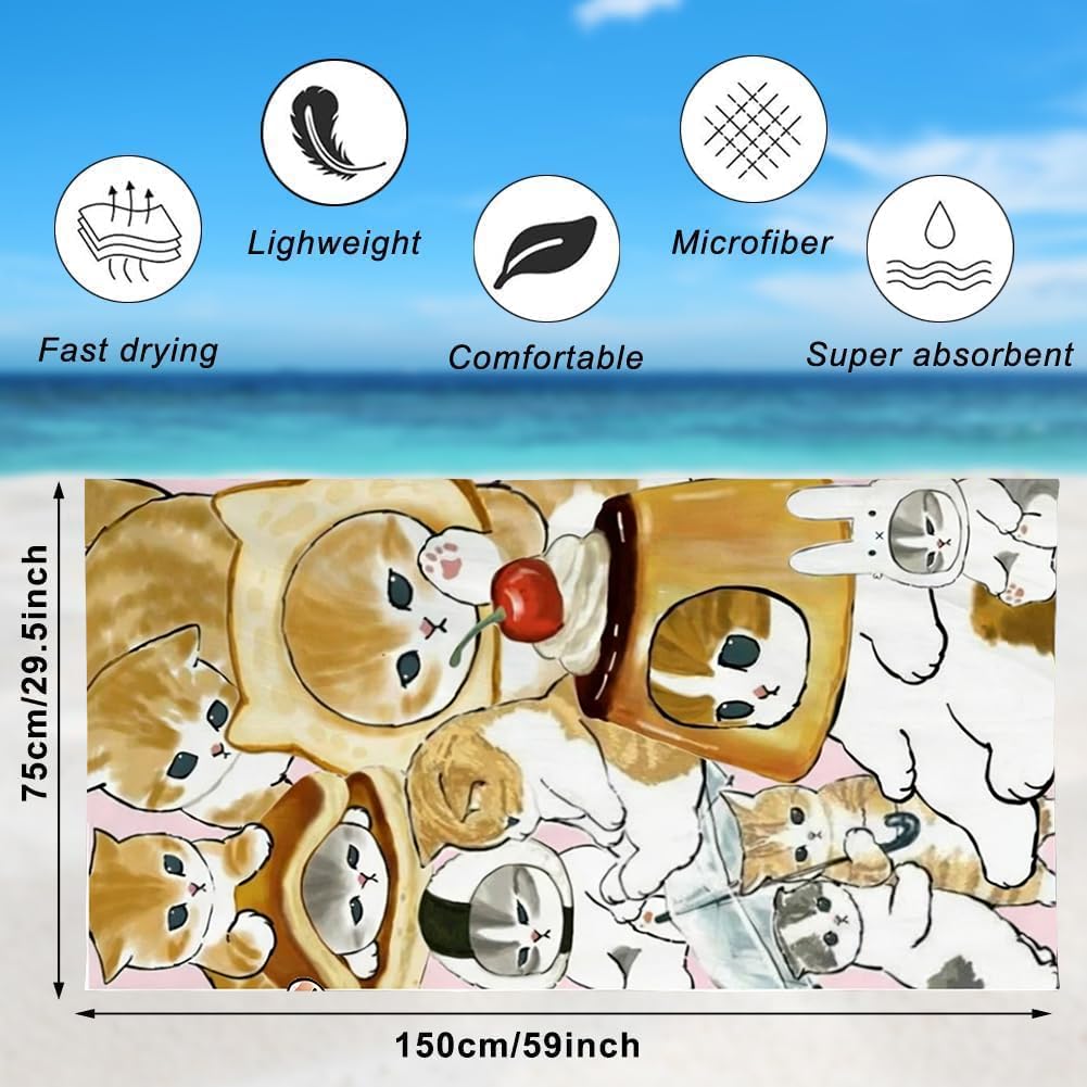 Gatto Telo Mare, Gatto Coperta da Spiaggia Asciugamano Microfibra Telo Antisabbia Mare Teli Bagno Antisabbia Spiaggia Asciugamano per Piscina, Sport, Campeggio, Picnic (75x150cm)