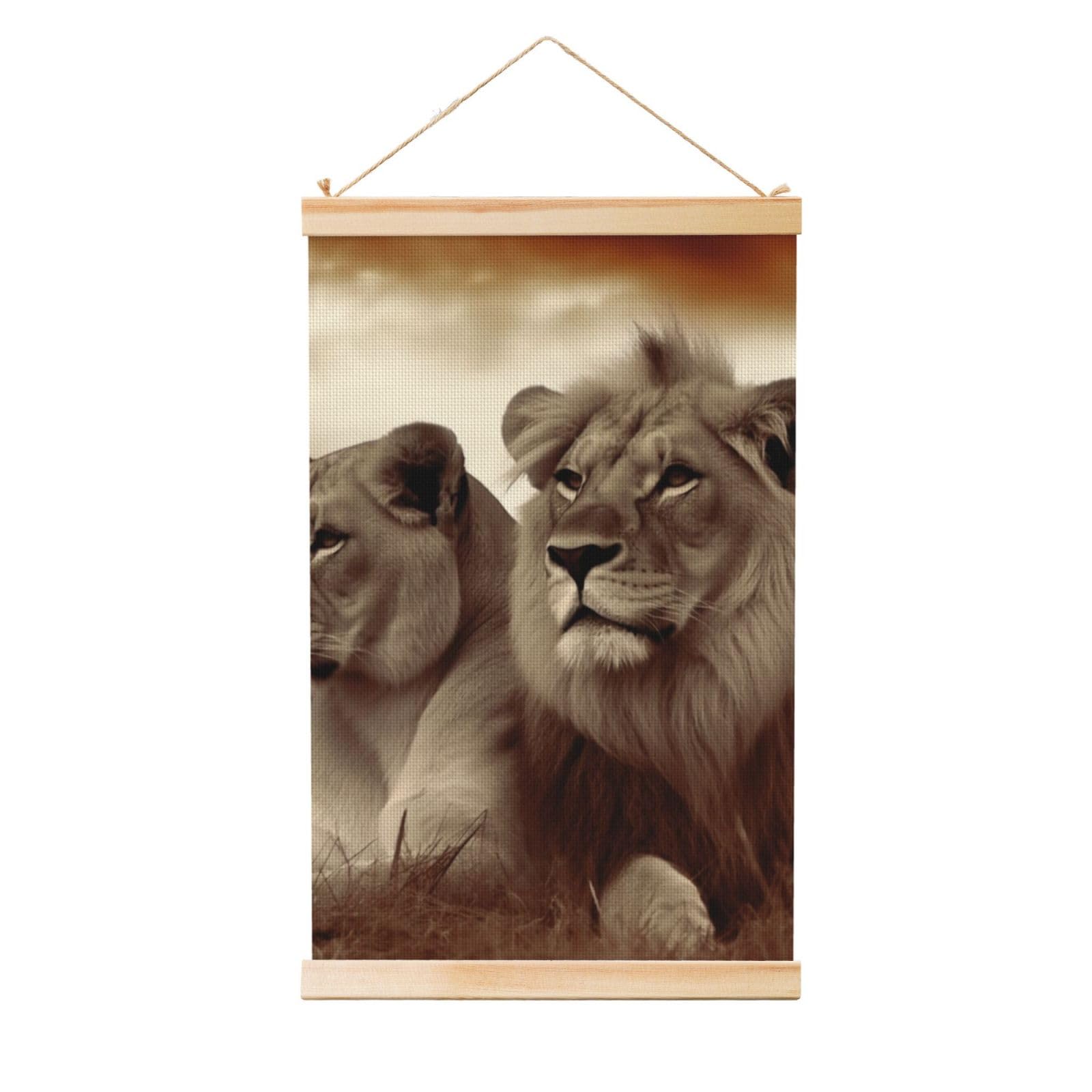 African Lion and Lioness Poster Wooden Shaft Hanging Poster Wall Hanging Banner Canvas Artwork with Wood Frames 20"x30" Modern Artwork Decor Ready to Hang Wall Art for Home Decor Scroll Painting