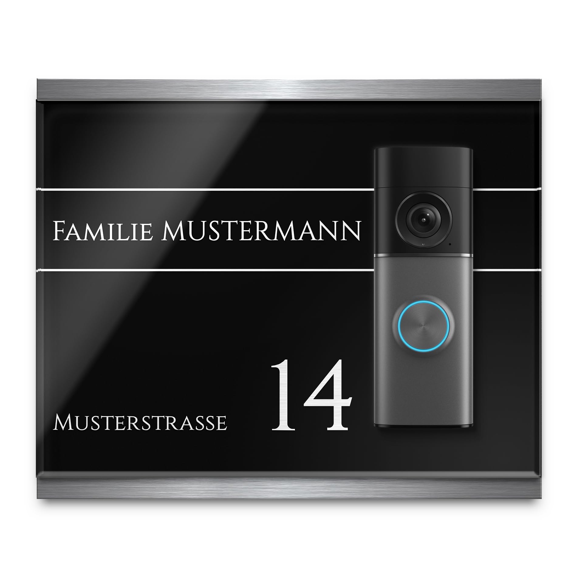 Hochwertiges Klingelschild für aktuelle Video Türklingeln - personalisiertes Namensschild aus Edelstahl und Acrylglas | hochwertiges Funkklingel Zubehör