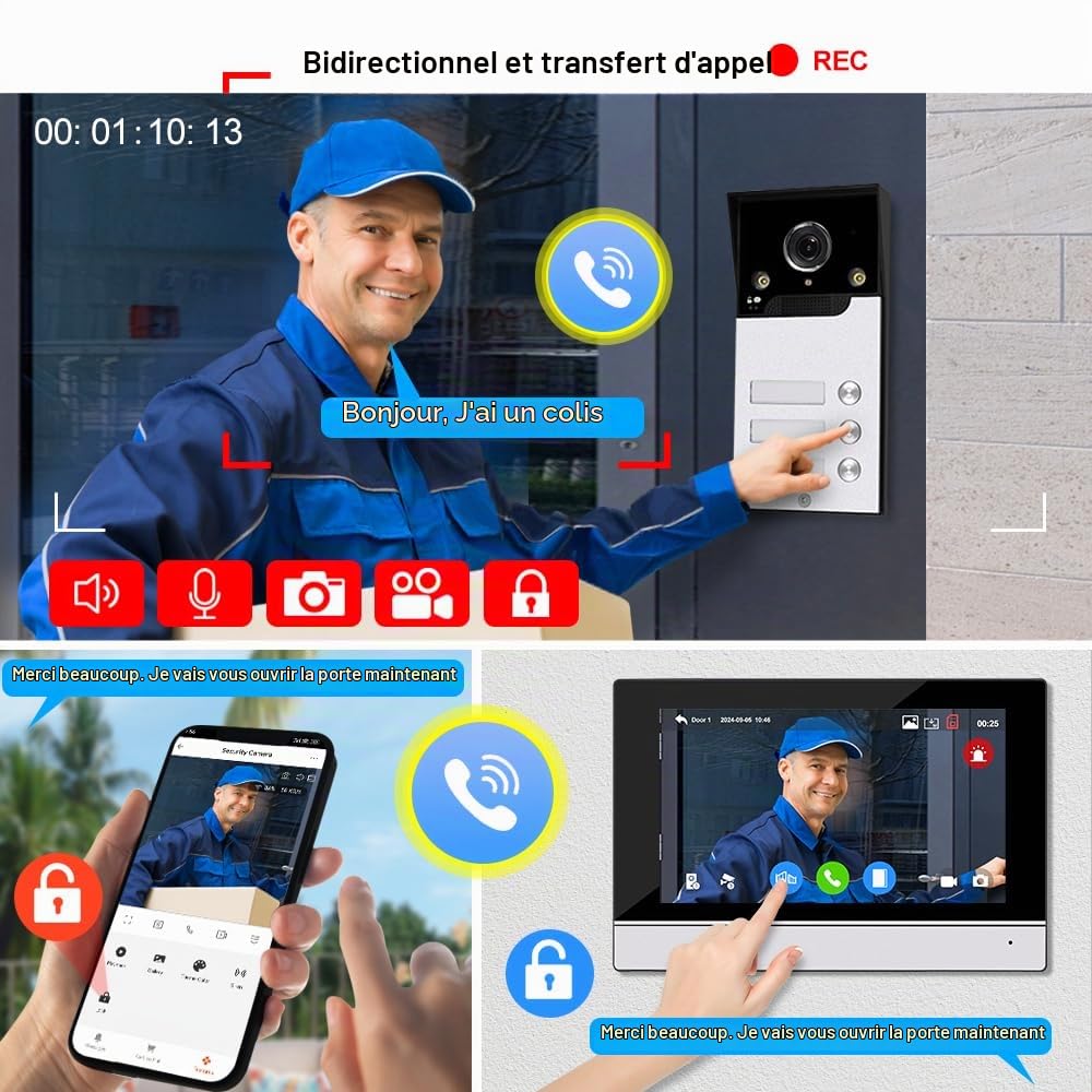 Visiophone WiFi avec Câble | Écran Intérieur 7" & App Tuya | Interphone IP65, 1080P, Vision Nocturne, Détection de Mouvement et Enregistrement (1 Caméra et 3 Moniteurs)