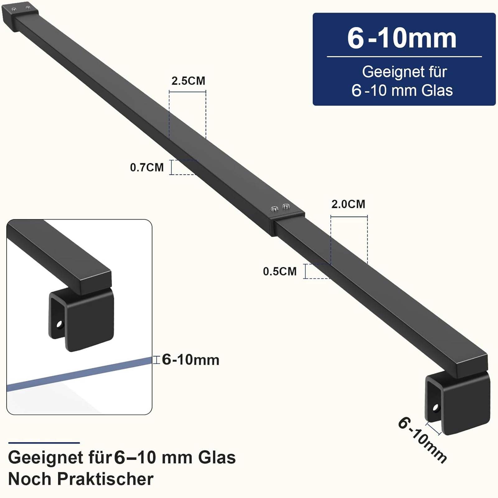 SVNR 70 – 120 cm supporto per parete doccia, asta stabilizzante per vetro spessore 8 – 10 mm, asta in acciaio inox, stabilizzatore per pareti doccia e cabina doccia, nero opaco, forma quadrata