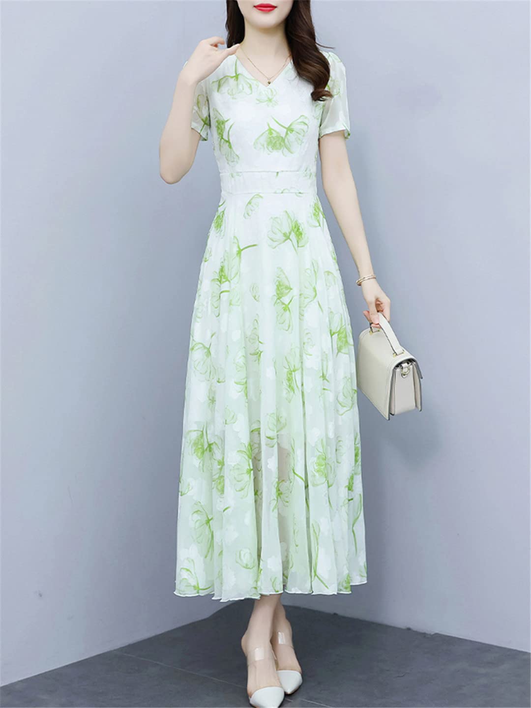 Abito midi casual floreale estivo da donna, elegante, in chiffon, lungo, formale, da sera