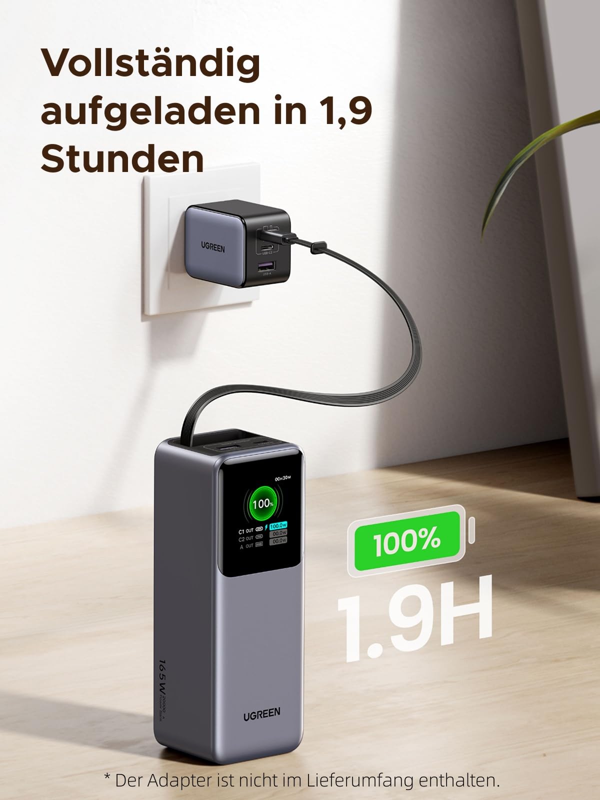 UGREEN Nexode Pro Power Bank 20000mAh 165W mit 65cm integriertem Kabel | 2x USB-C+1x USB-A, USB-C Port max. 100W, TFT Display, für Reisen/Büro, Laptop/Handy-Aufladung, Kompatibel mit MacBook, iPhone