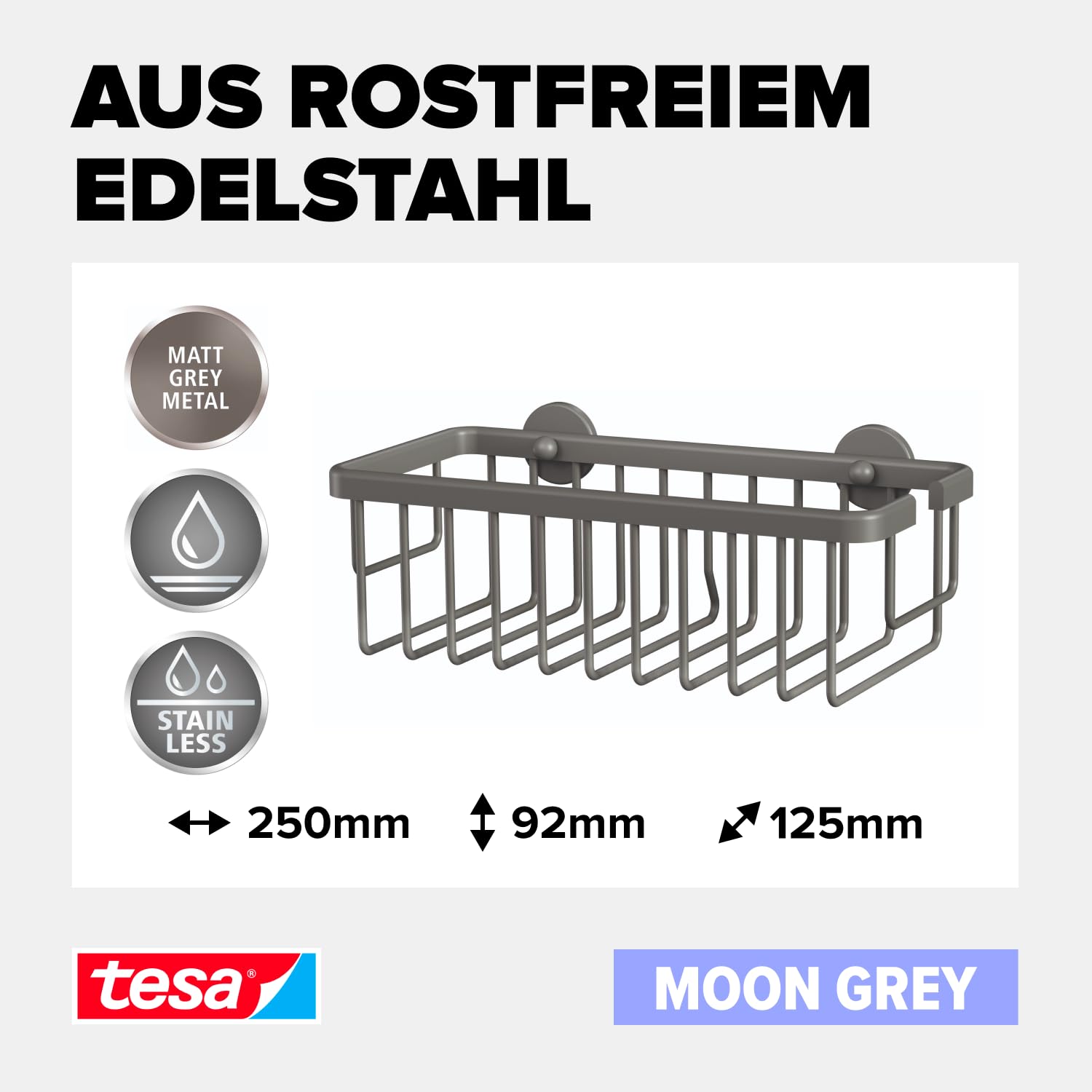 tesa MOON GREY Duschablage zur Wandmontage ohne Bohren, grau matt - einstöckig und extra tief - für Bäder im Industrial Style und moderne Badezimmer - mit Klebelösung - 250mm x 92mm x 125mm