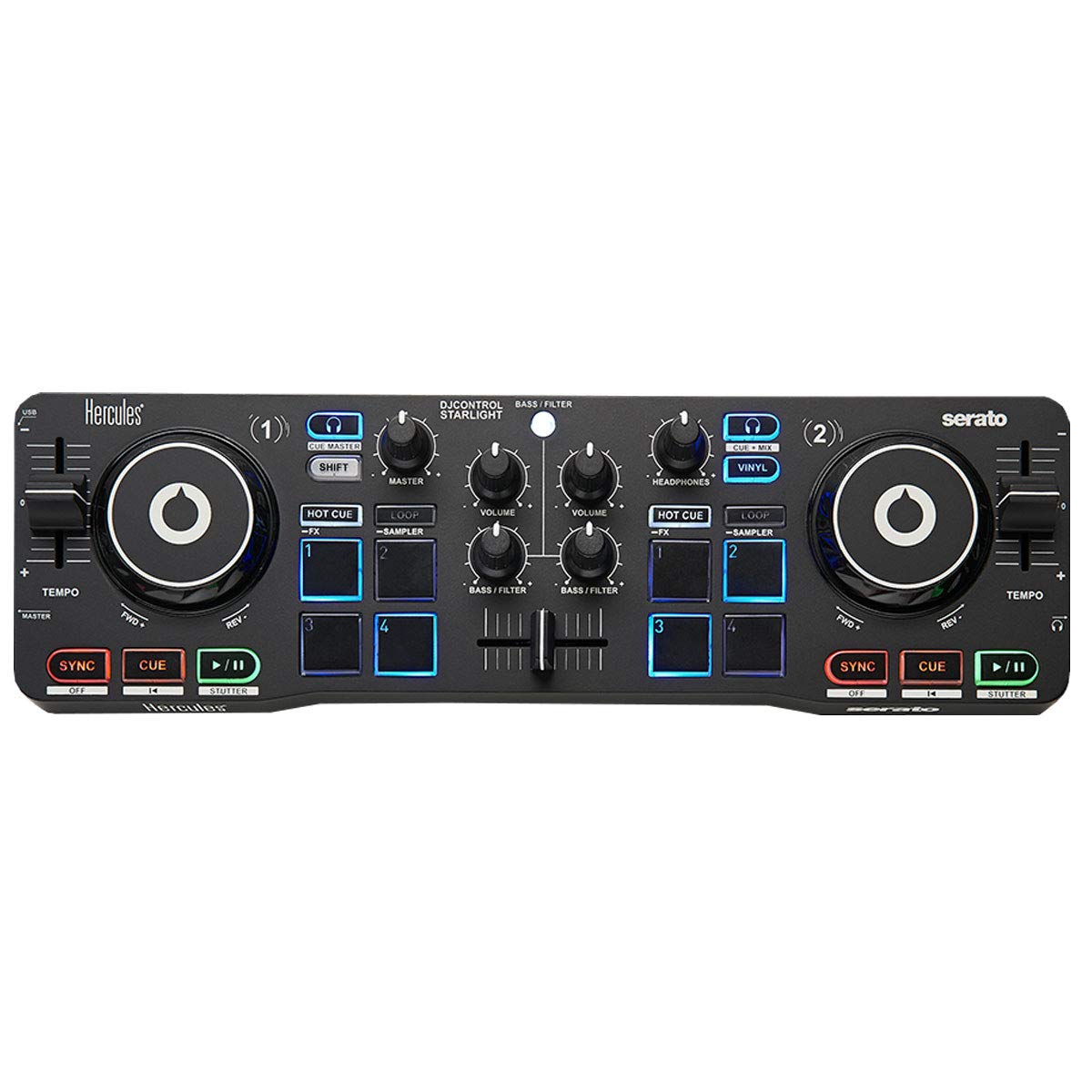 Hercules DJControl Starlight – Contrôleur DJ USB portable et mini à 2 decks avec interface audio et rétroéclairage RGB – Serato DJ Lite inclus – Pour PC & Mac