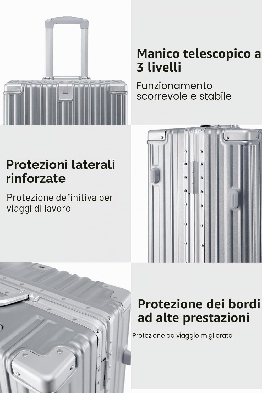 Aoliwei Valigetta S da 55 cm - Valigia con telaio in alluminio in policarbonato 100%, circa 40L - Valigia da viaggio premium con portabicchieri e lucchetto TSA - Silenzioso trolley a 4 ruote, argento