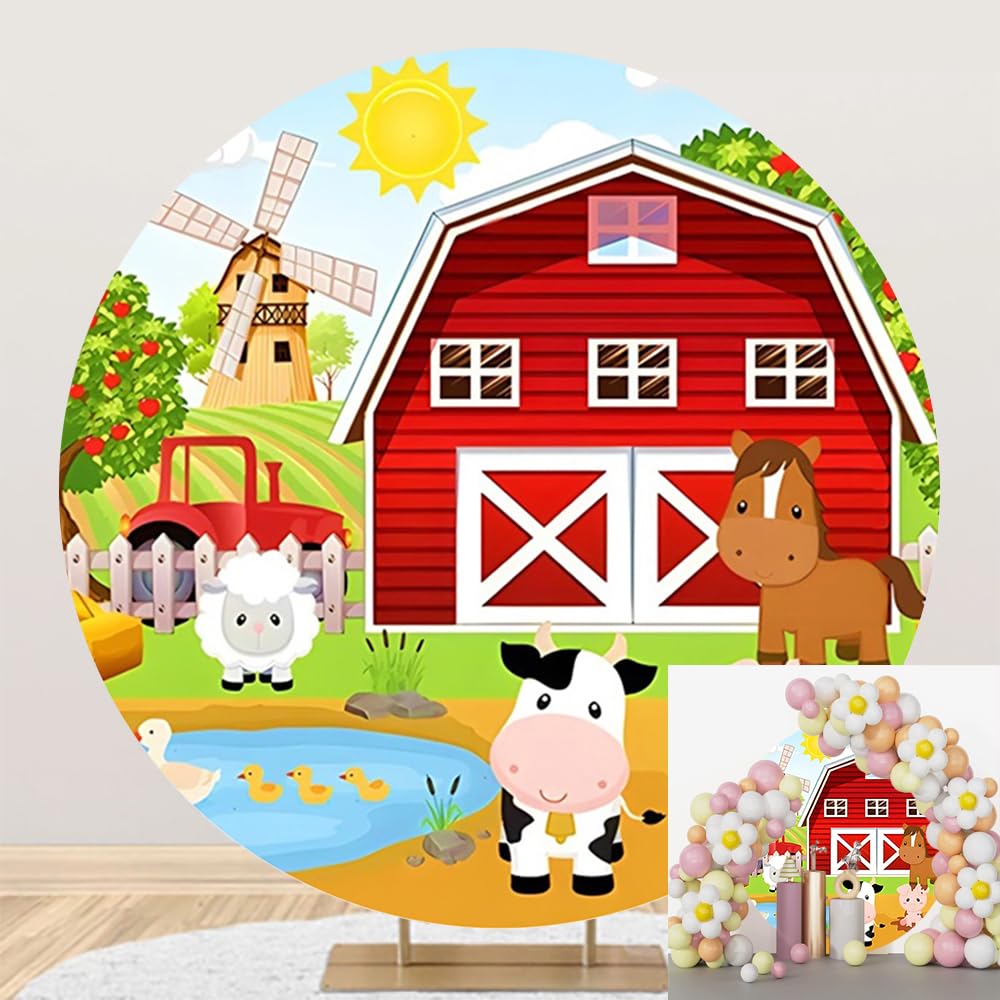 Leyiyi 7.2x7.2ft Farm Round Backdrop Cover Farm Birthday Backdrop for Kids Party Red Barn Cartoon Farm Animals Birthday Party Photoshoot Farm Theme