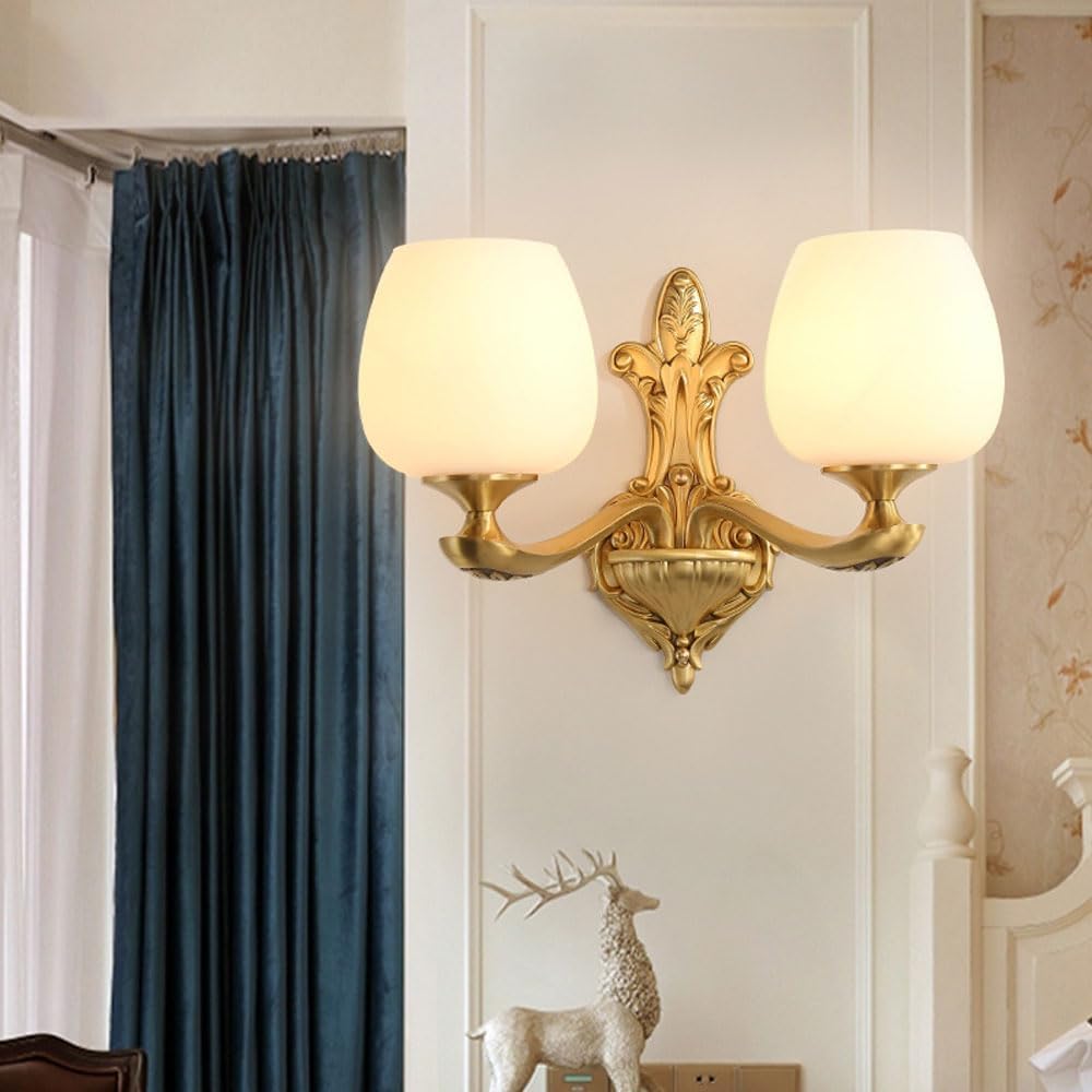 Modern Milk White Glass Wall Light Antique Brass Corridor Wall Sconce Lighting Fixture Retro Style Bedroom Wall Mounted Lamp American Wrought Copper Cafe Decor Hallways Creative Wall Lamps