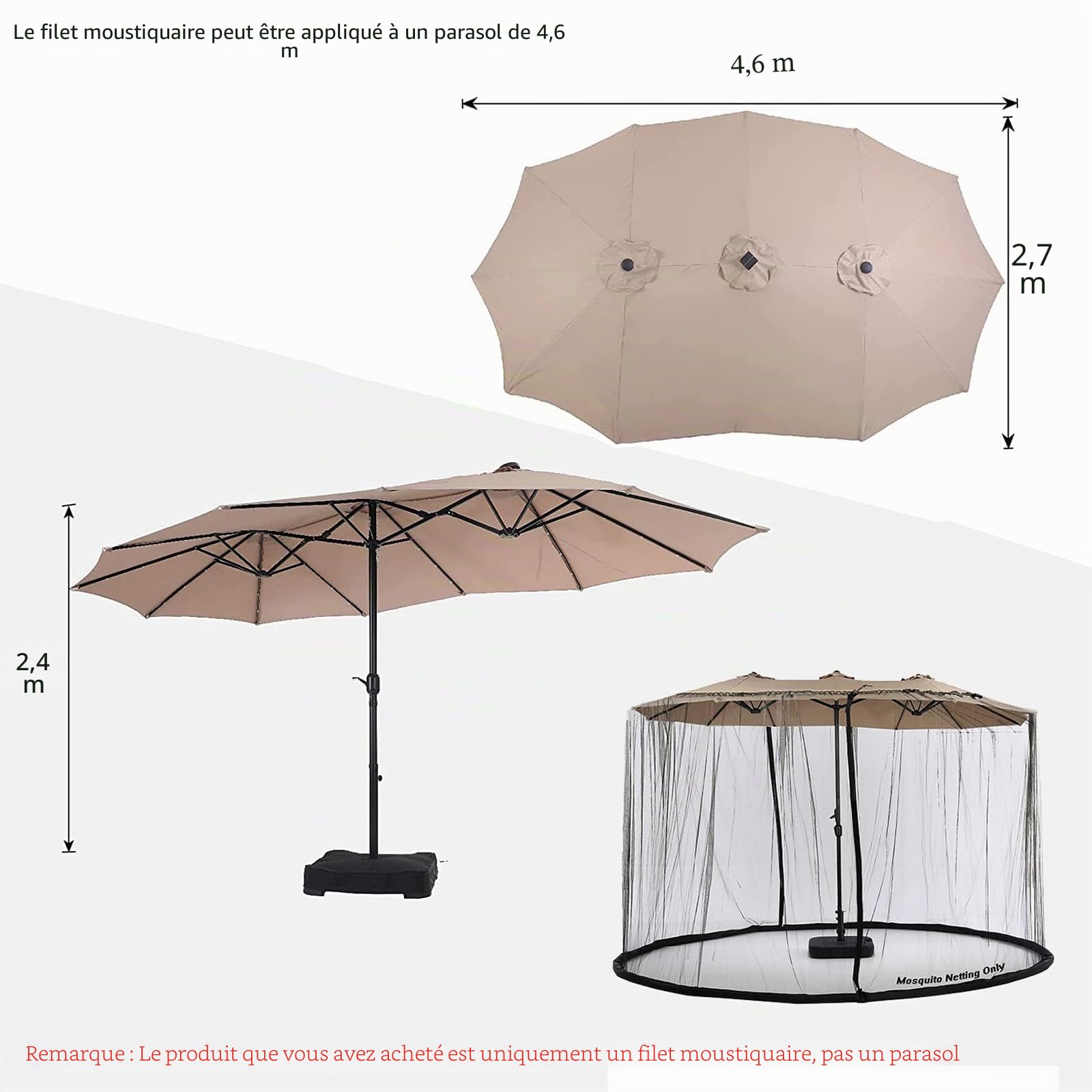 Moustiquaire Double Face de 4,5 m pour Parasol de terrasse et tonnelle de 3 x 3 m (Noir) (ne Contient Pas d'ombrela de tonnelle) (4,6 m, Noir)
