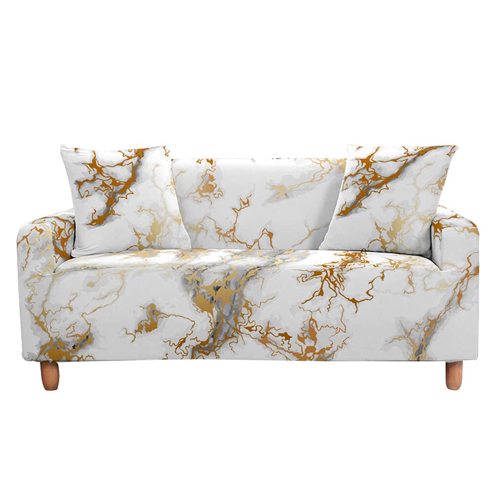 Highdi White Gold Slipcover Sofa Cover 1 2 3 4 Seat, Marble Printed Stretch Elastic Fabric Washable Armchair Couch Cover Protector Cover Decor For Leather Sofas Loveseat (,2 Seater)