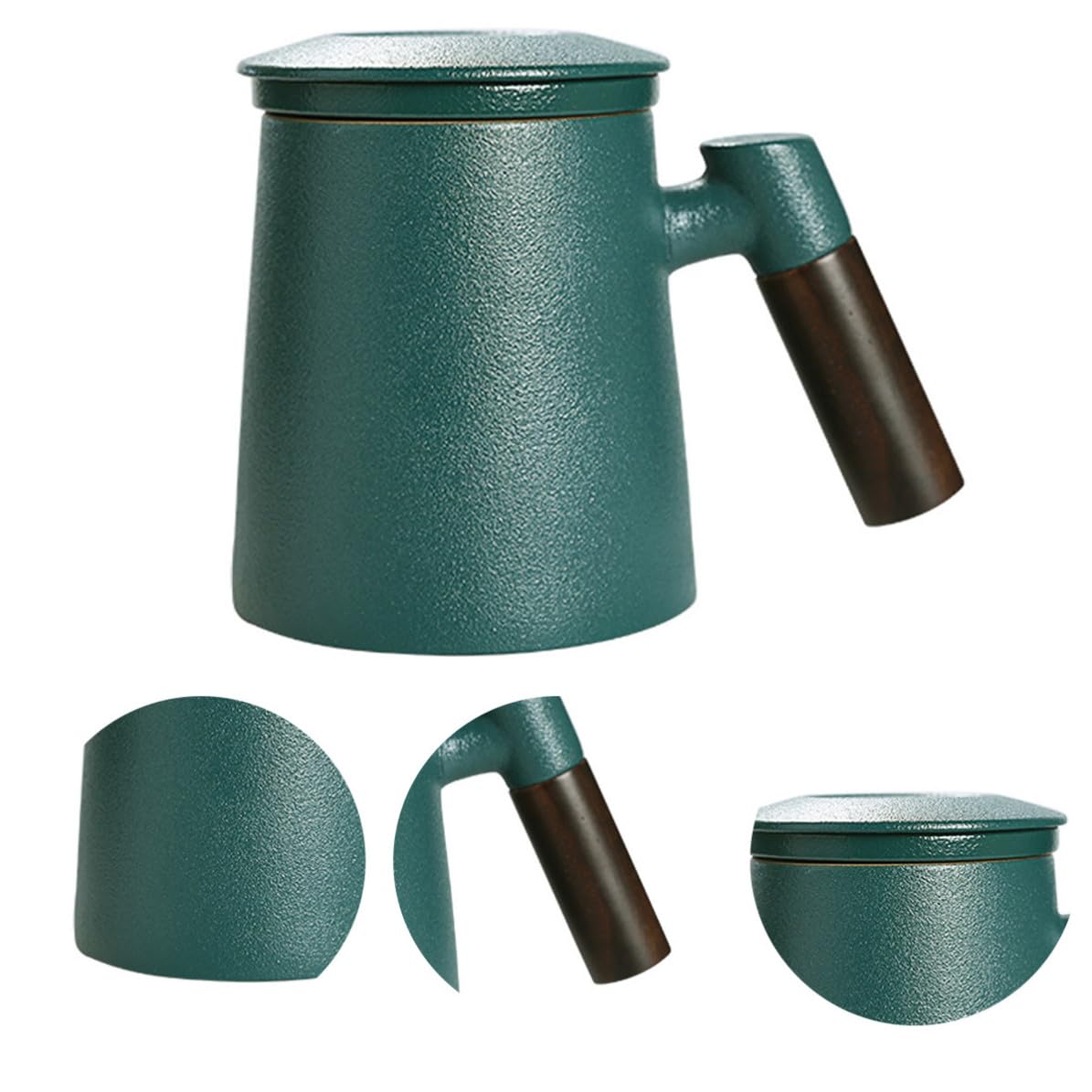 Taza de Té de Cerámica Verde de 400ml Infusor y Tapa, Diseño Único Mango de Madera para Uso en Casa o Cafetería, Vertido Cómodo y Multiusos