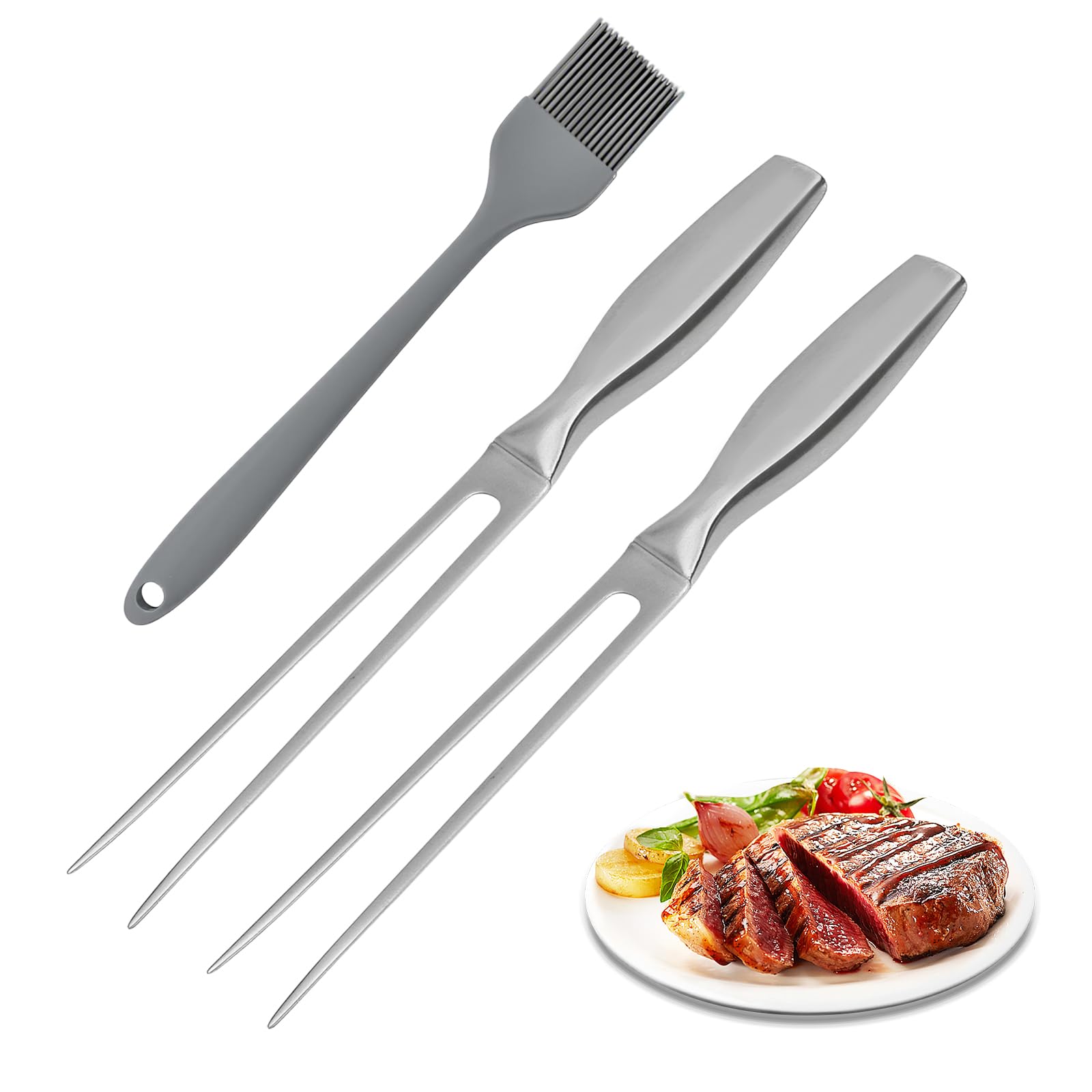2 widelce do mięsa ze stali nierdzewnej: 27 cm, widelec do mięsa z ergonomicznym uchwytem, widelec do grillowania ze szczotką do oleju, widelec do krojenia ze stali nierdzewnej, do restauracji