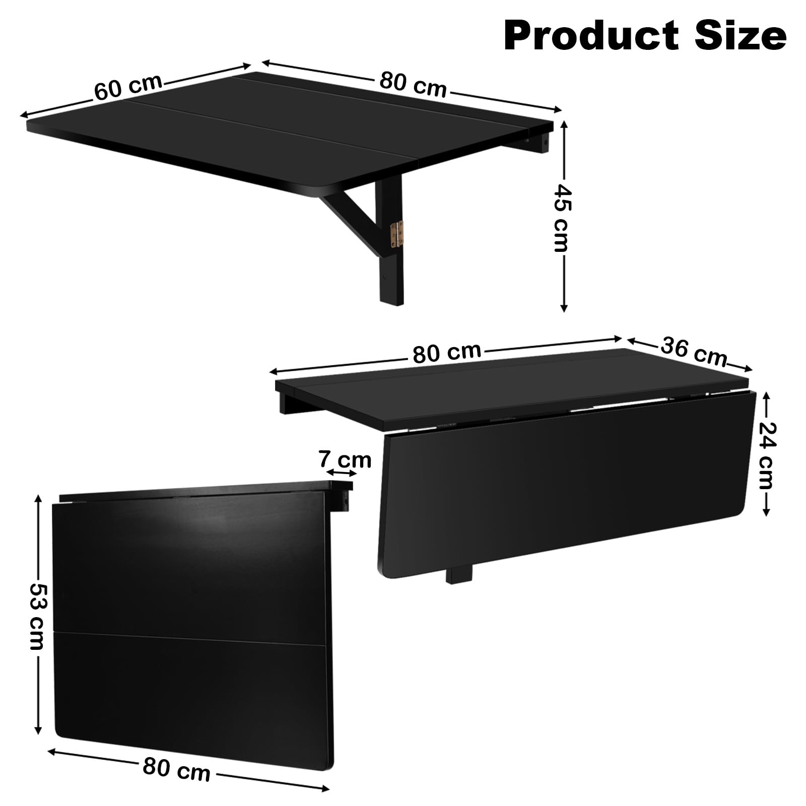 GIANTEX Tavolo Pieghevole a Muro, Piano Separato, Scrivanie Salvaspazio, Tavolino Pranzo in Legno, Supporto per Computer, Ideale per Camera e Appartamento, 80x60x45cm (Nero)