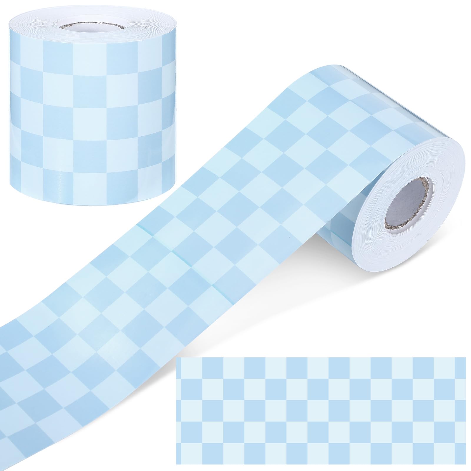 Zonon 65 Feet Light Blue Checkered Bulletin Board Border for Classroom
