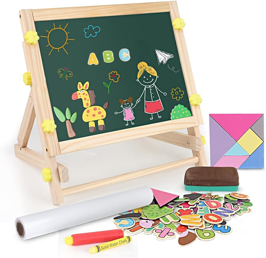 Aomola Kids Tabletop Easel with Paper Roll,Double-Sided Whiteboard & Chalkboard Tabletop Easel with Magnetic Letters & Numbers and Other Magnetic Puzzle Accessories for Kids and Toddlers