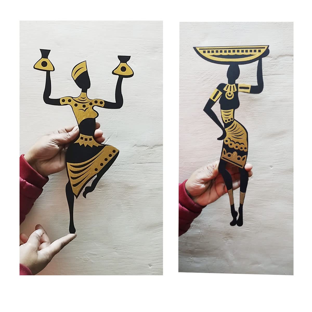 300Sparkles Tribal Women 4 Pcs. Set Golden And Black Wooden Wall Decor Home Decorative Items Living Room Office Decoration Wall Art Hanging Black (Style-2), Pre-Pasted, 30.5 cms 2