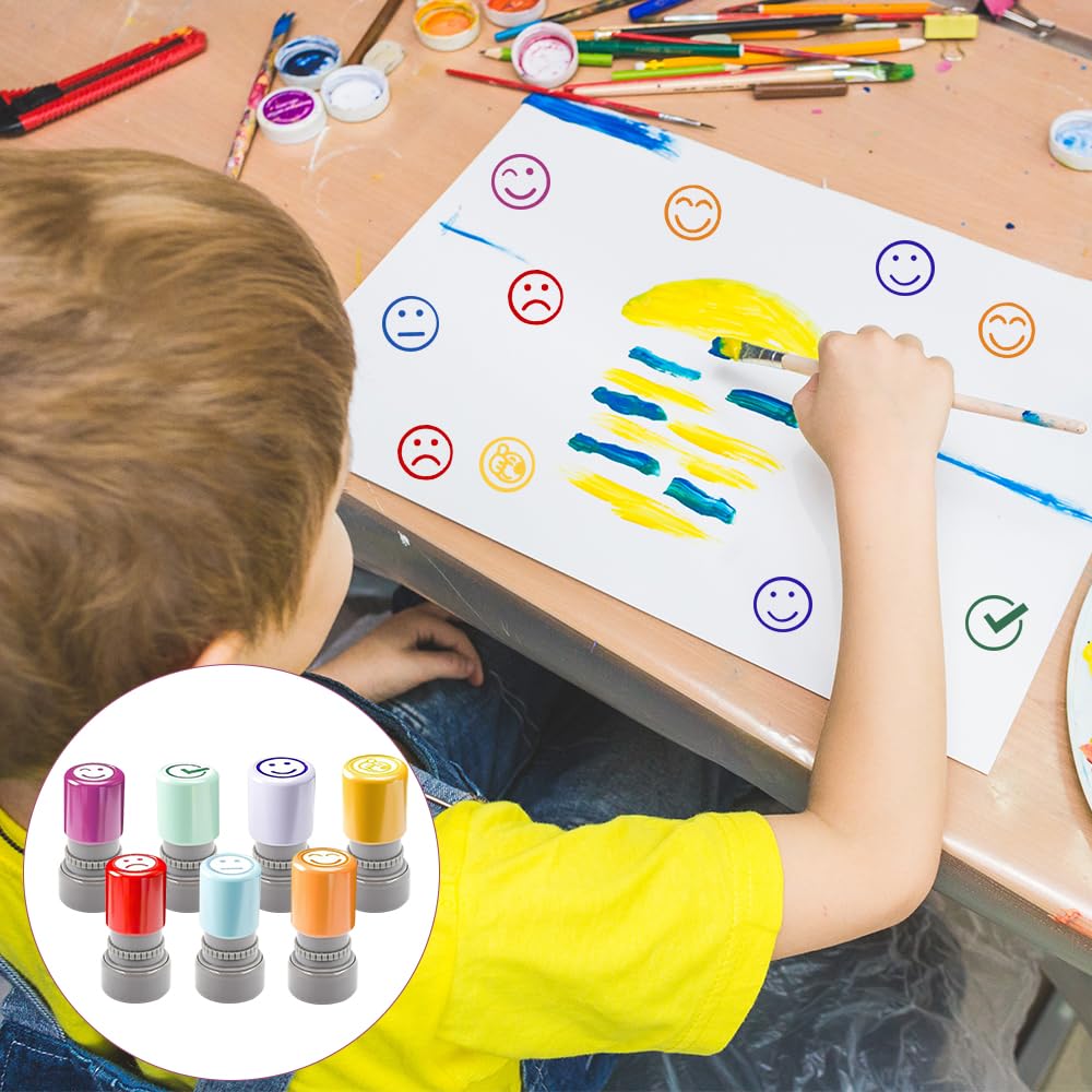 7 x stempel z tworzywa sztucznego dla nauczycieli języka francuskiego dla dzieci, uśmiechnięta pieczęć dla nauczyciela, prezent z pudełkiem, aby zachęcić uczniów