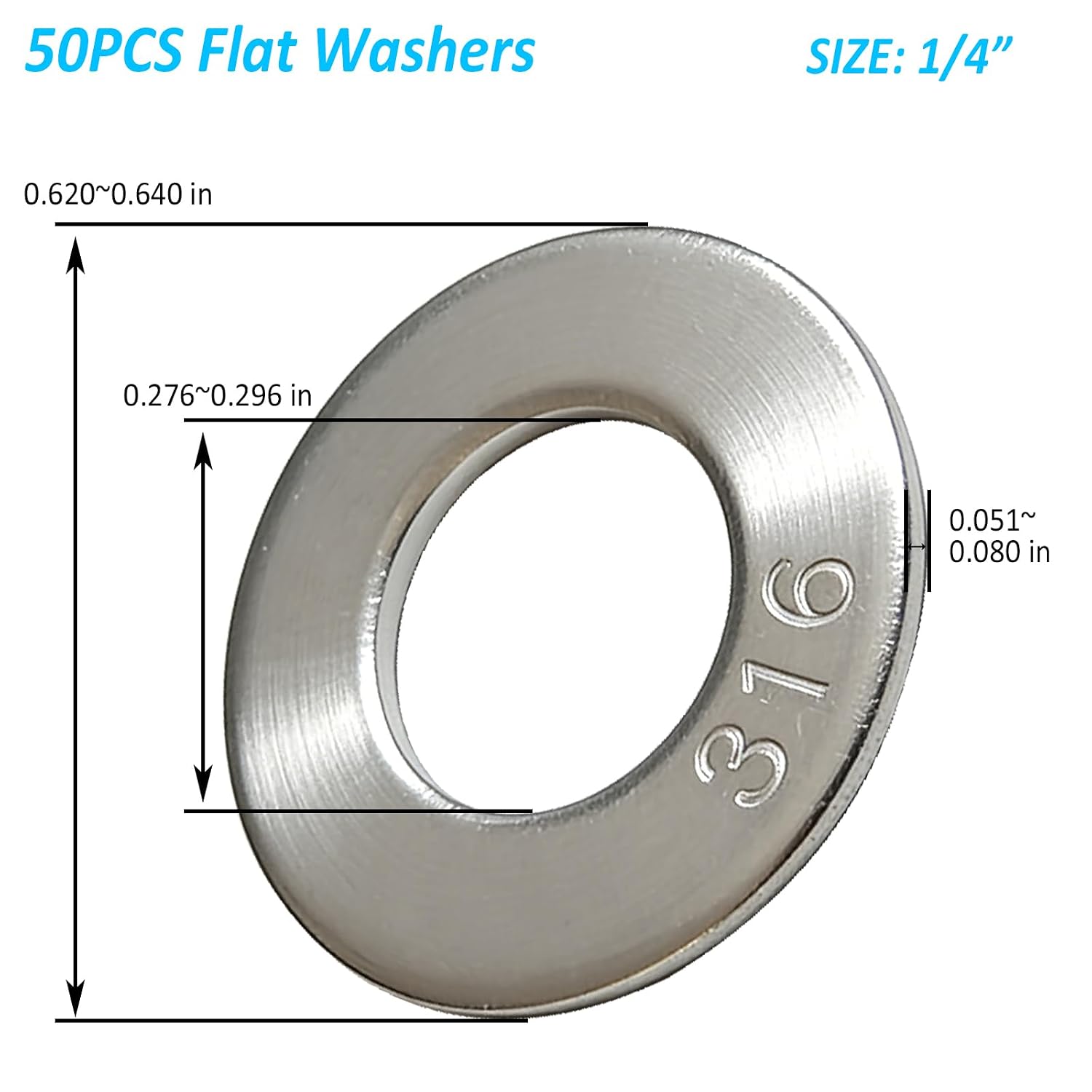 50-Pack 1/4" 316 Stainless Steel Flat Washers