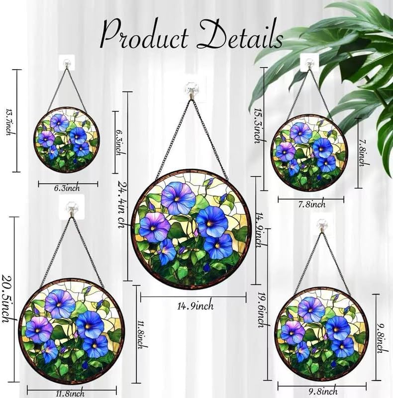 Morning Glory Stained Glass Suncatcher – Tiffany Style Blue Flower Window Hanging Panel, Round Sun Catcher with Vine & Bloom Design for Home Window Décor