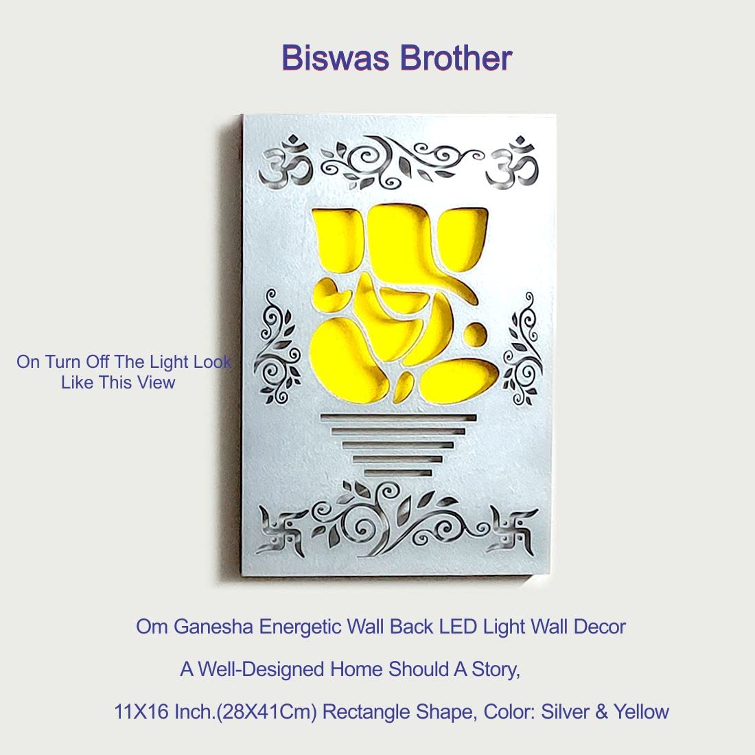Biswas Brother Ganesha Modern Art Wall Hanging LED Light Wall Decor,A Devotional well-designed11X16 inch (Brown & Golden Yellow) Rectangle Shape 3
