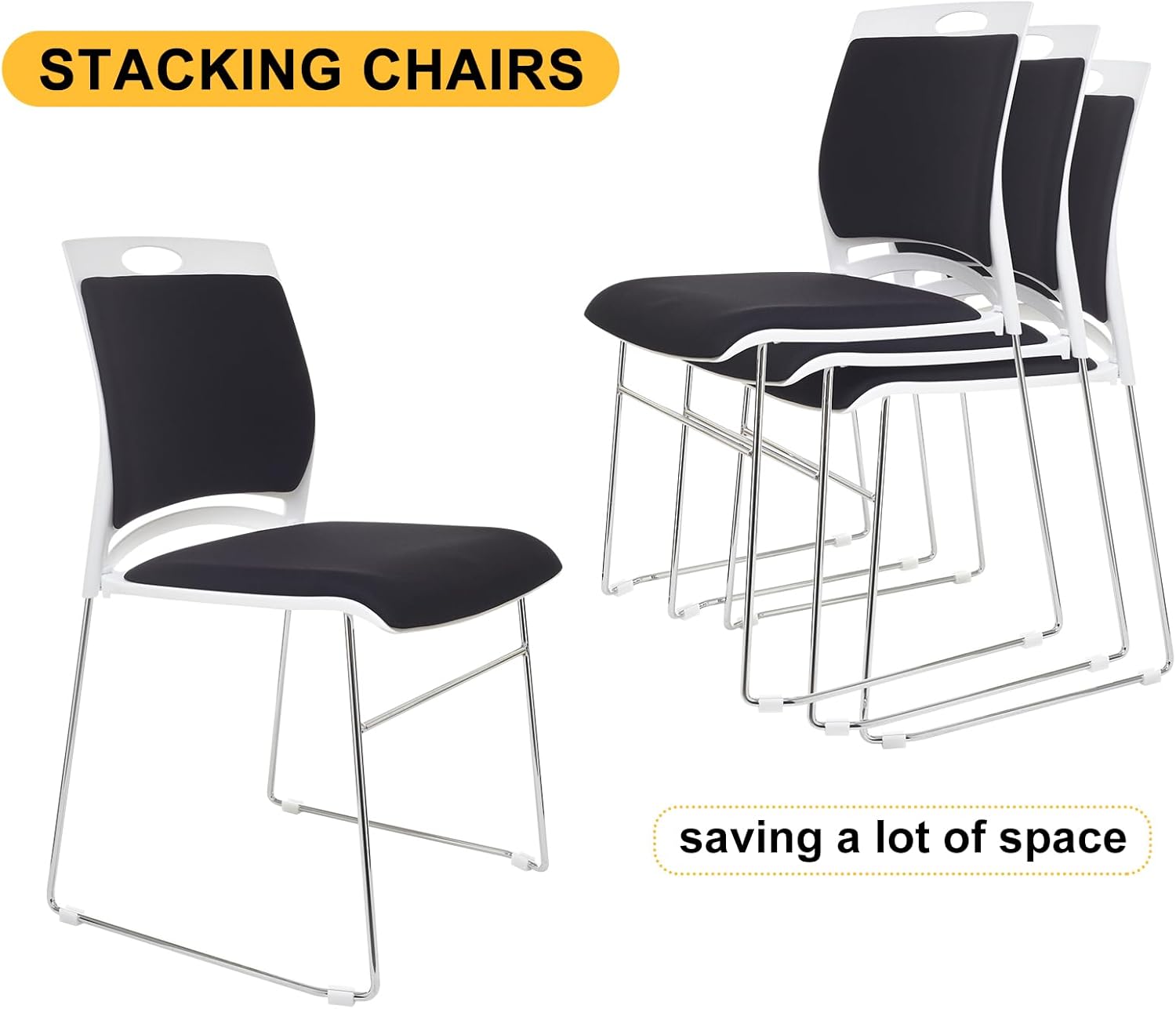 8 Pack Stacking Chairs Set Black Stackable Home Office Guest Chair Set with Padded Seat and Back,Lobby Chairs Waiting Room Reception Chair for Cafeteria,Library, Laboratory,Training Room