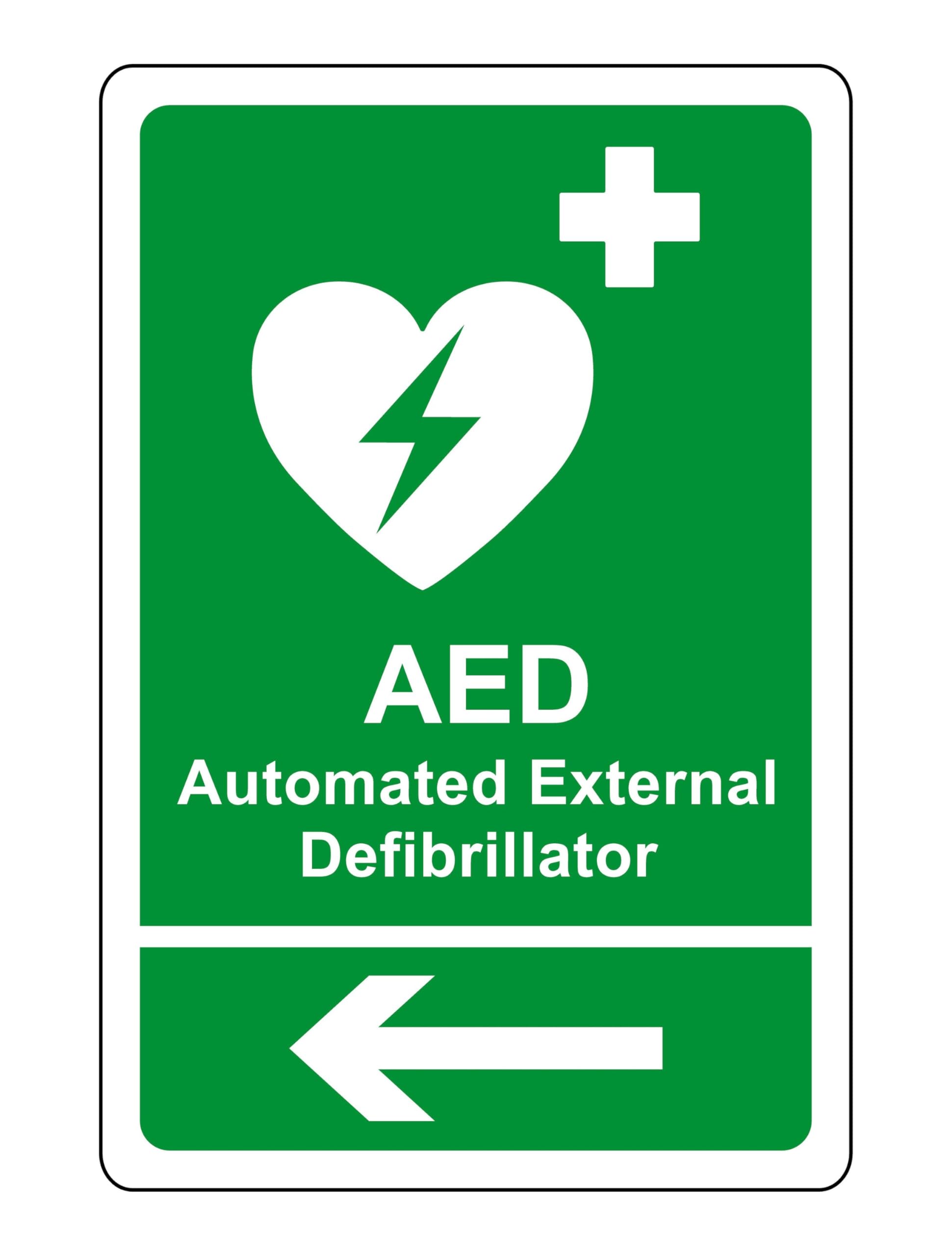AED Safety sign - Automated External Defibrillator arrow left emergency sign - 1.2mm Rigid plastic for indoor/outdoor usage (400mm x 300mm) Viewing Distance within 14m.