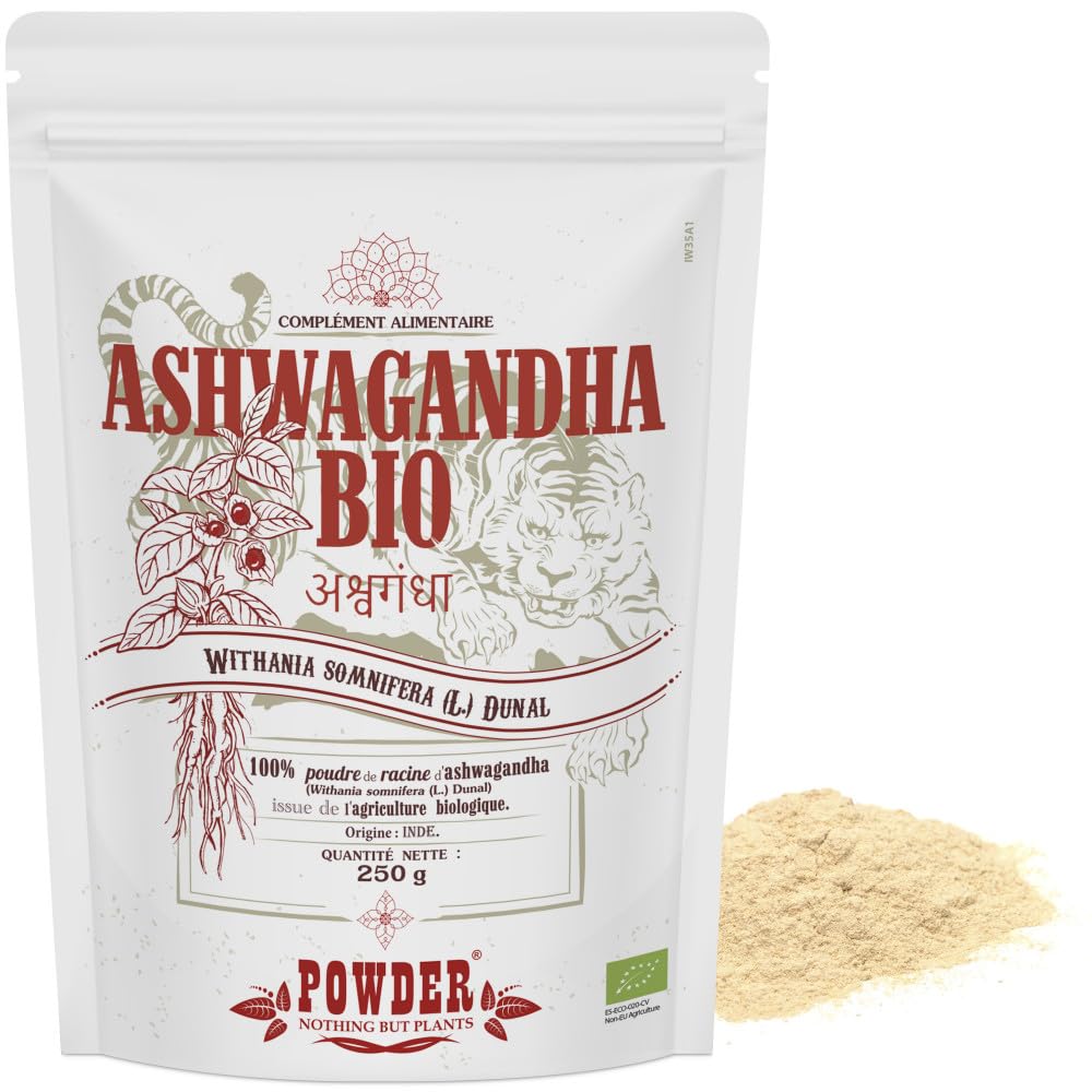 ASHWAGANDHA ECOLÓGICA EN POLVO * 50 raciones / 250 g * Planta adaptógena * Referencia en medicina Ayurveda * Propiedades afrodisiacas, estimulantes y rejuvenecedoras* Fabricado en Francia