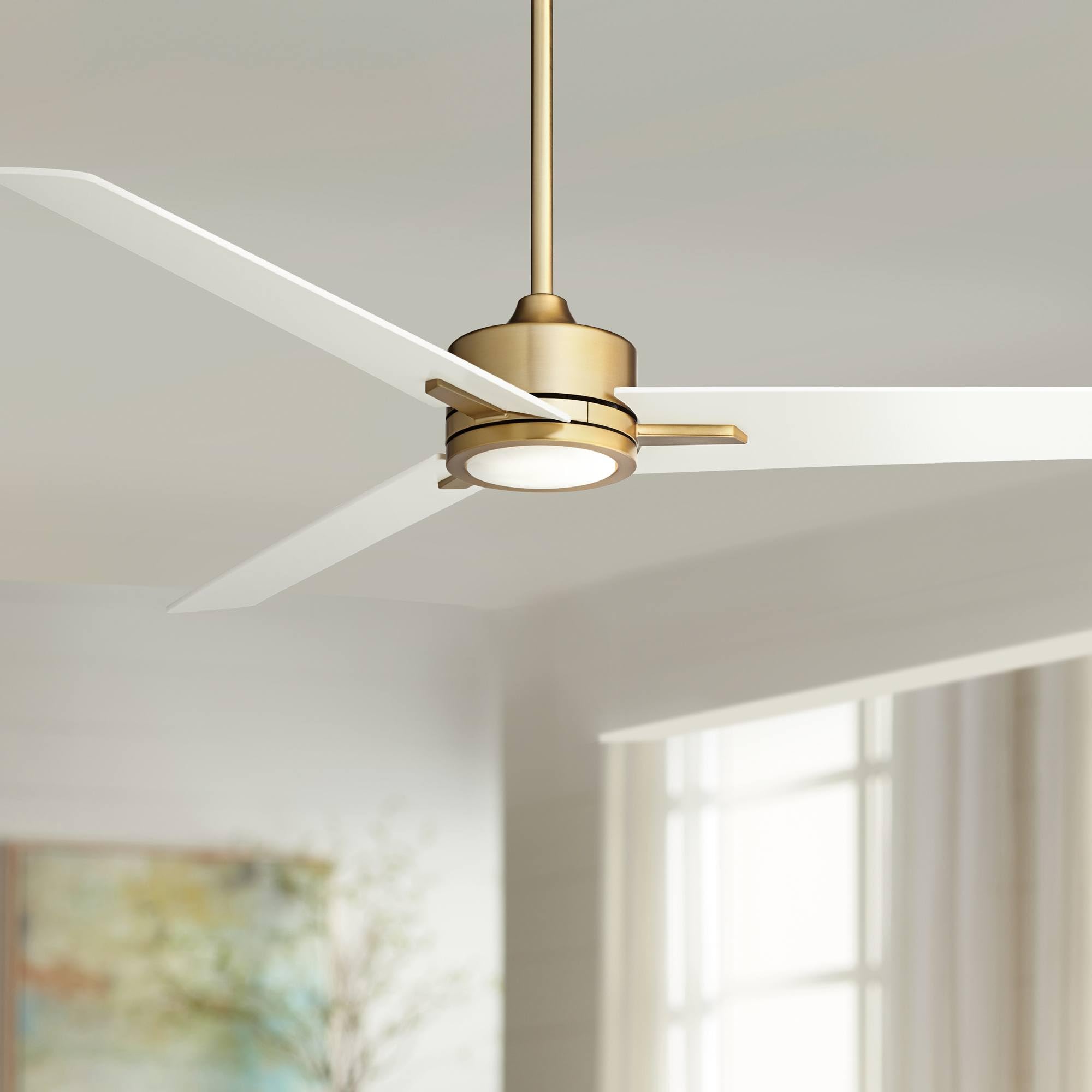 Casa Vieja 60" Monte Largo Modern Mid Century Indoor Ceiling Fan 3 Blade LED Light Remote Control Soft Brass Finish White Blades Bedroom Living Room