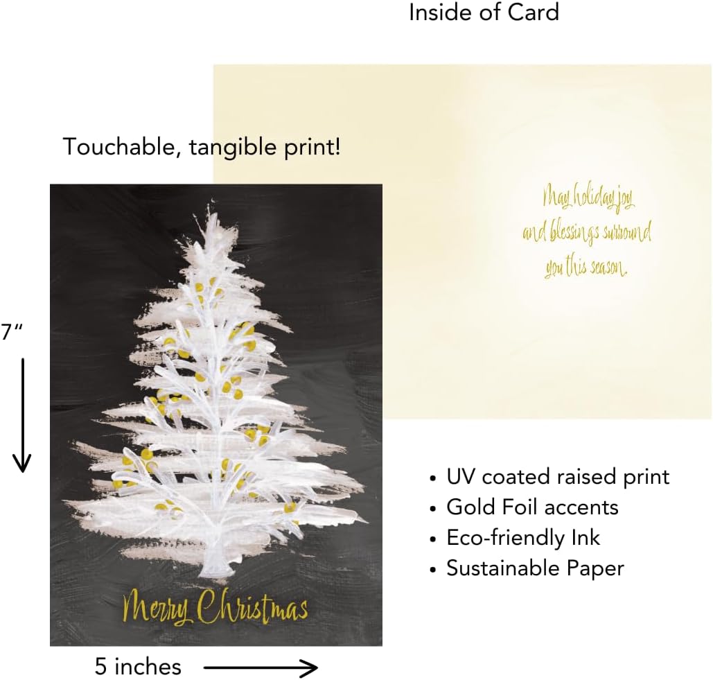 Performing Arts Premium Merry Christmas Tree Card - Modern White tree With Gold Foil and Raised UV Ink - Full Color Inside - Pack of 10 Elegant Boxed Holiday greeting Card with Envelopes - Made in USA