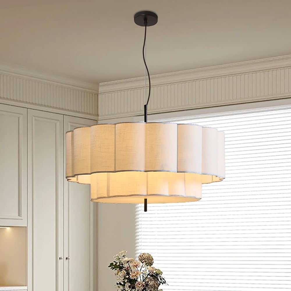 XQIDIANAA Drum Pendant Light Fixture, Drum Chandelier with Wihte Fabric Lampshade, 2 Tier Dining Room Light Fixtures Over Table, Ceiling Drum Chandeliers for Dining Room, Bedroom and Living Room