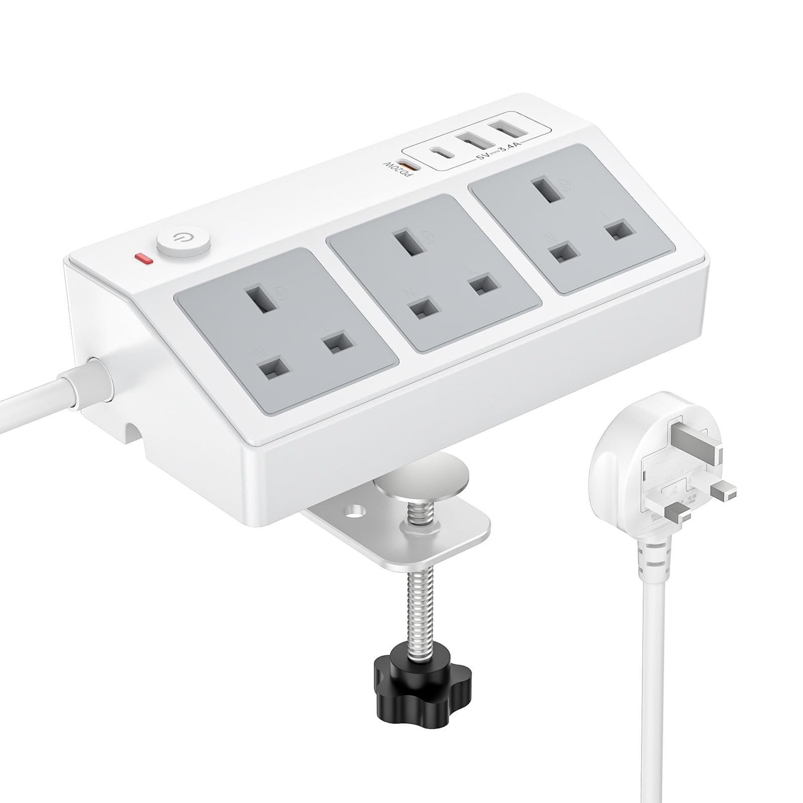 Desk Extension Lead with USB C Slots, PASSUS PD 20W Fast Charging Power Station, 2M Desk Power Socket 3 Way Power Socket with 4 USB Slots, Desktop Plug Socket with Removable Clamp for Home Office