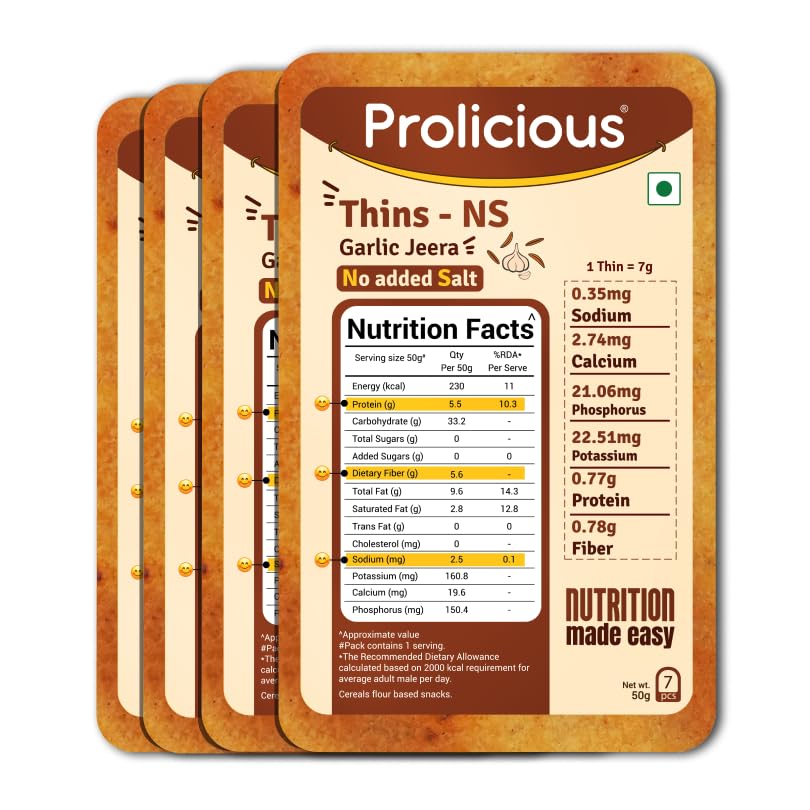 Image of Prolicious High Protein High Fiber No Salt Garlic Jeera Thins| No Plam Oil | Saltfree |Ideal for weightloss & PCOS | Healthy Snack | 50g each, pack of 4
