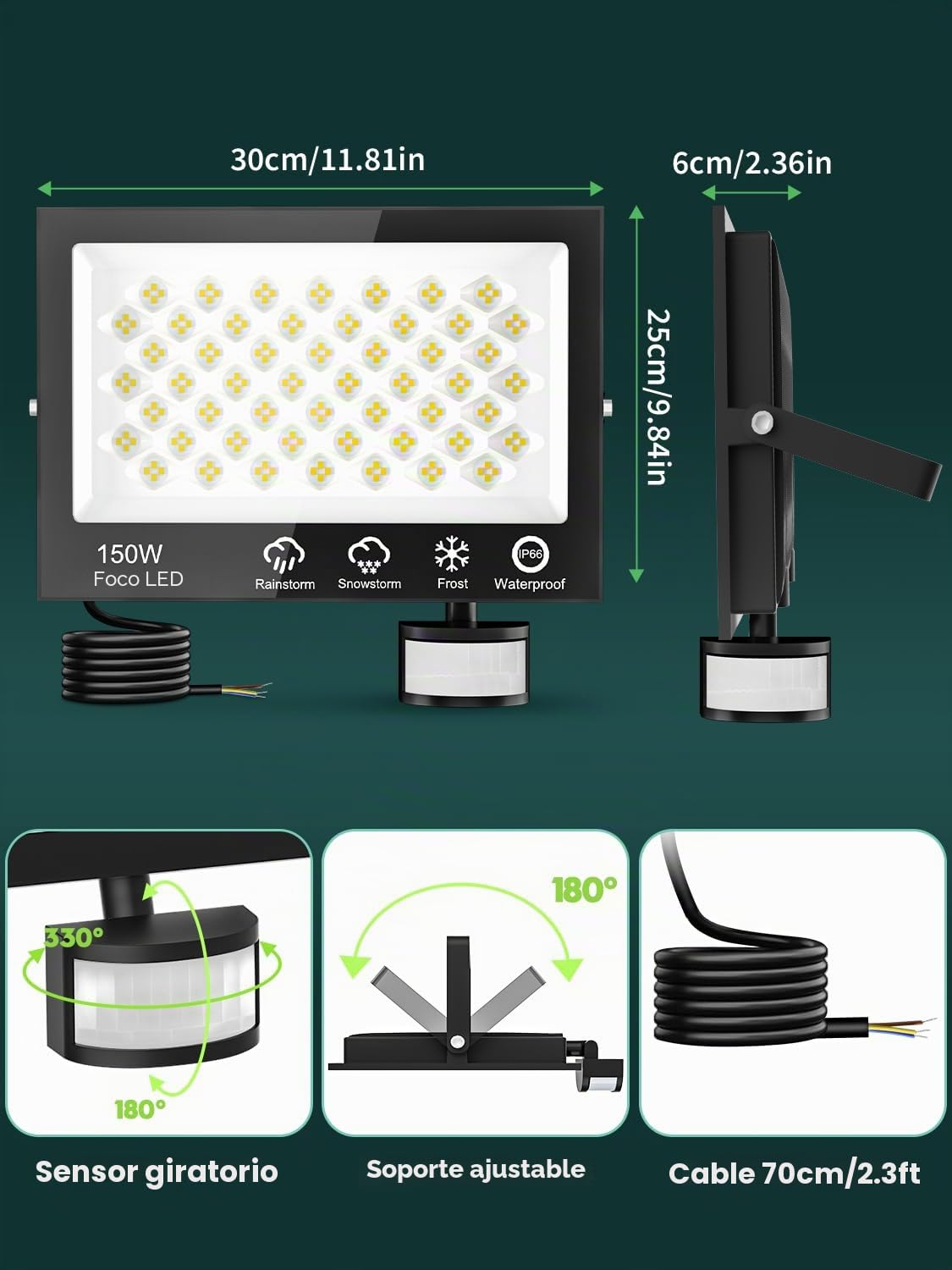 Focos LED Exterior con Sensor Movimiento 150W,15000LM Foco Exterior Potente con Mando a Distancia,6500K Blanco Frío Foco Proyector, IP66 Impermeable Luz LED para Jardín Terraza Garaje