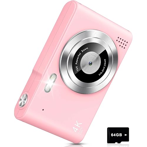 Digital Camera, Camera for Kids, UHD 4K 48MP Point and Shoot Digital Cameras with 64GB SD Card and 16X Digital Zoom Anti Shake, Compact Portable Small Gift for Boys Girls Students, Pink