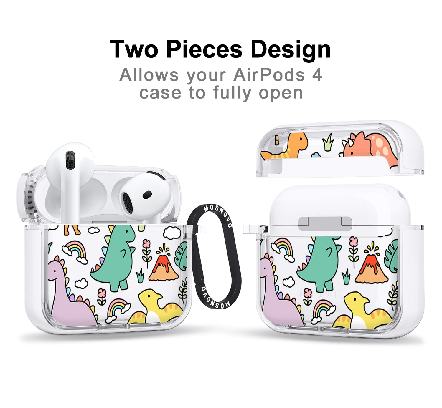 MOSNOVO Case for Airpods 4, Protective Clear Case with Shockproof Dual Layer Hard Luxe Metal Ring Designed for Airpods 4 Generation - Dinosaur Land - 2