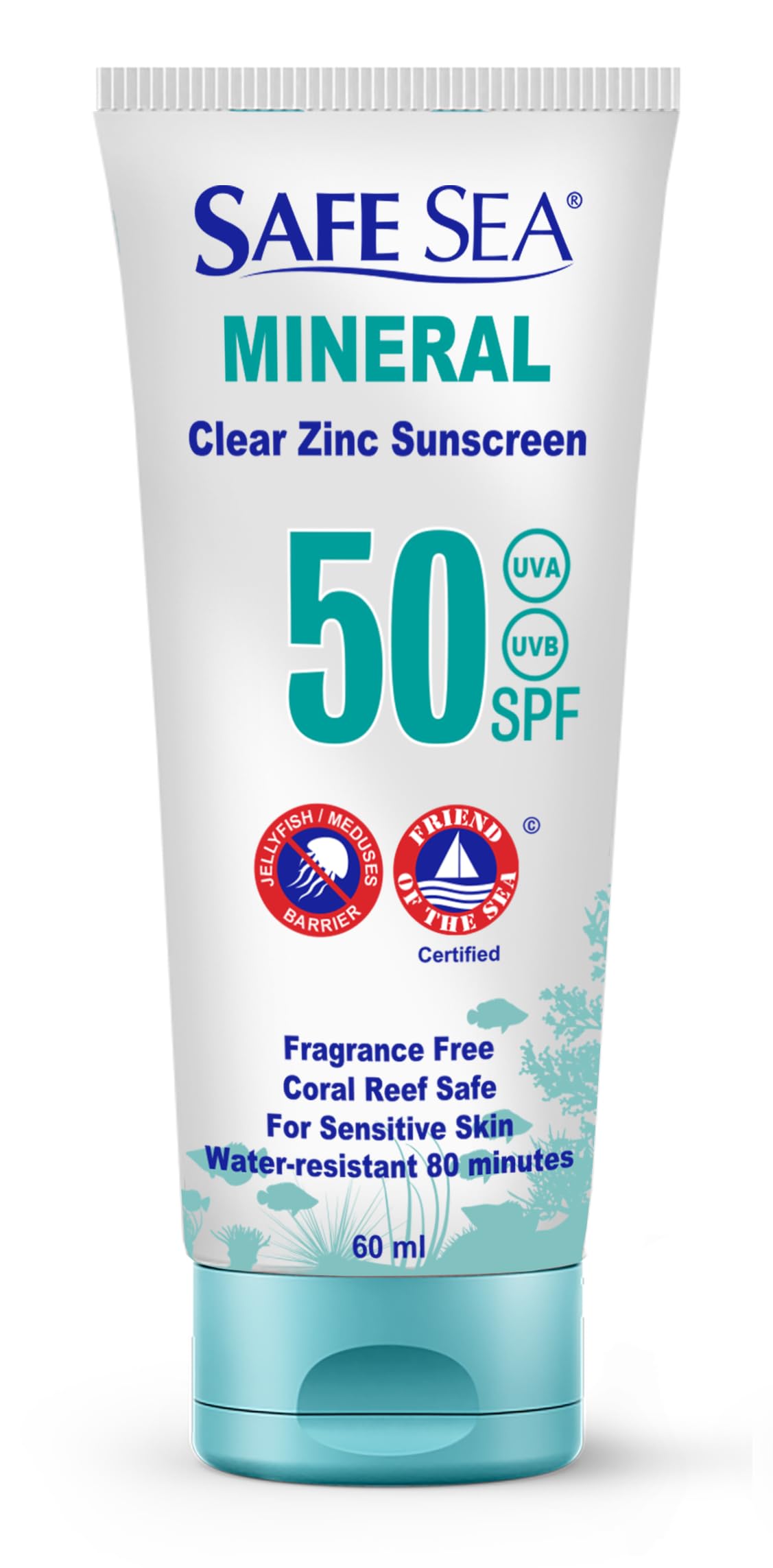 Zinc Oxide Sunscreen SPF50 | Clear Mineral Face Sunscreen Without White Cast | Anti-Jellyfish Sting Protective Lotion | Coral Reef Safe | Travel Size - 60ml (1 tube)