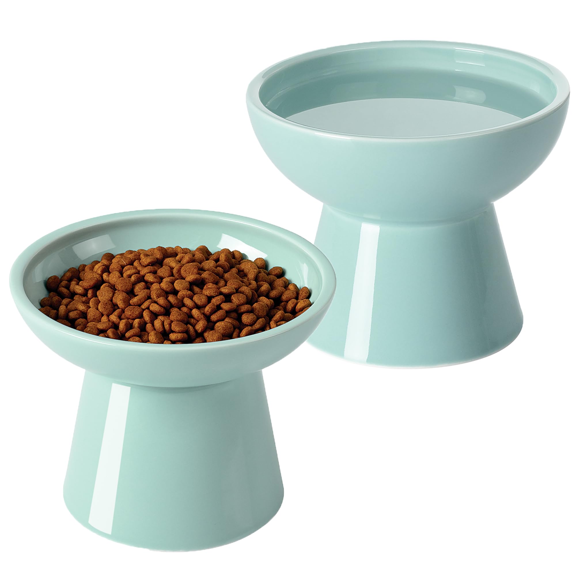 LoeJan Elevated Cat Food and Water Bowls Set, Extra Wide and Raised Ceramic Bowls, Anti-Vomit Whisker-Free Pressure Cat Feeder for Kittens to Adult Cats and Small Dogs