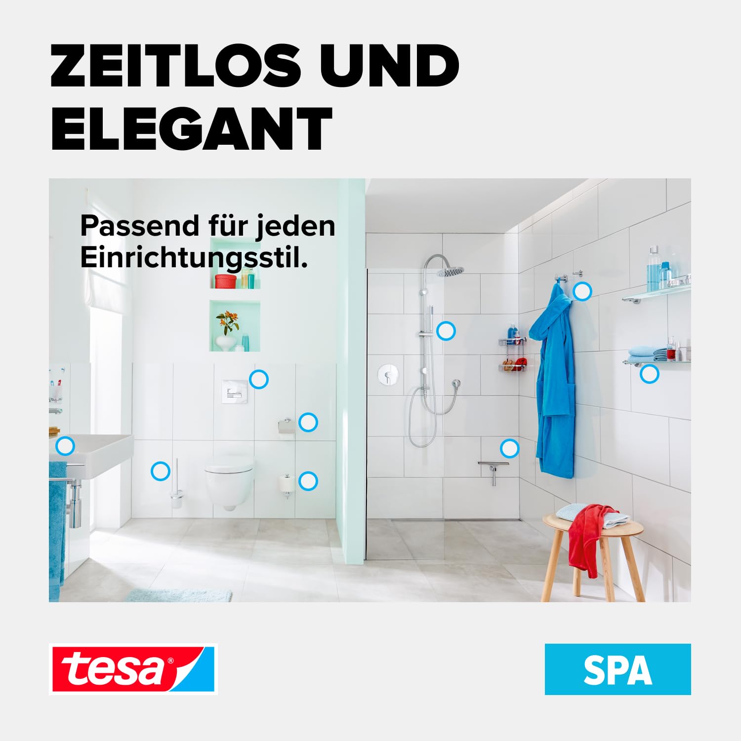 tesa SPAA Duschstange, verchromt, Duschkopfhalter höhenverstellbar, inkl. Klebelösung, Länge der Stange: 705mm