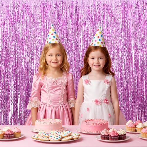 Image of TONIFUL 2Pcs Wavy Pink Metallic Tinsel Foil Fringe Curtain Laser Streamers