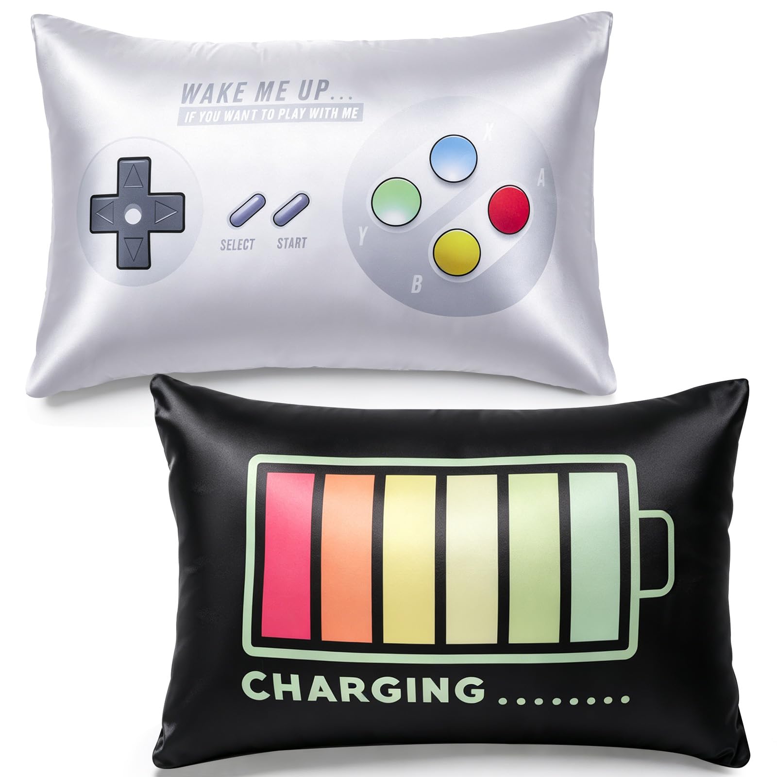 TeTupGa 2 Pack Silk Satin Pillowcase Game Pattern Pillow Covers Soft and Breathable Pillowcases 50x75 cm Suitable for Boy & Girl Bedding (01-Battery+Controller, 20''x30'')