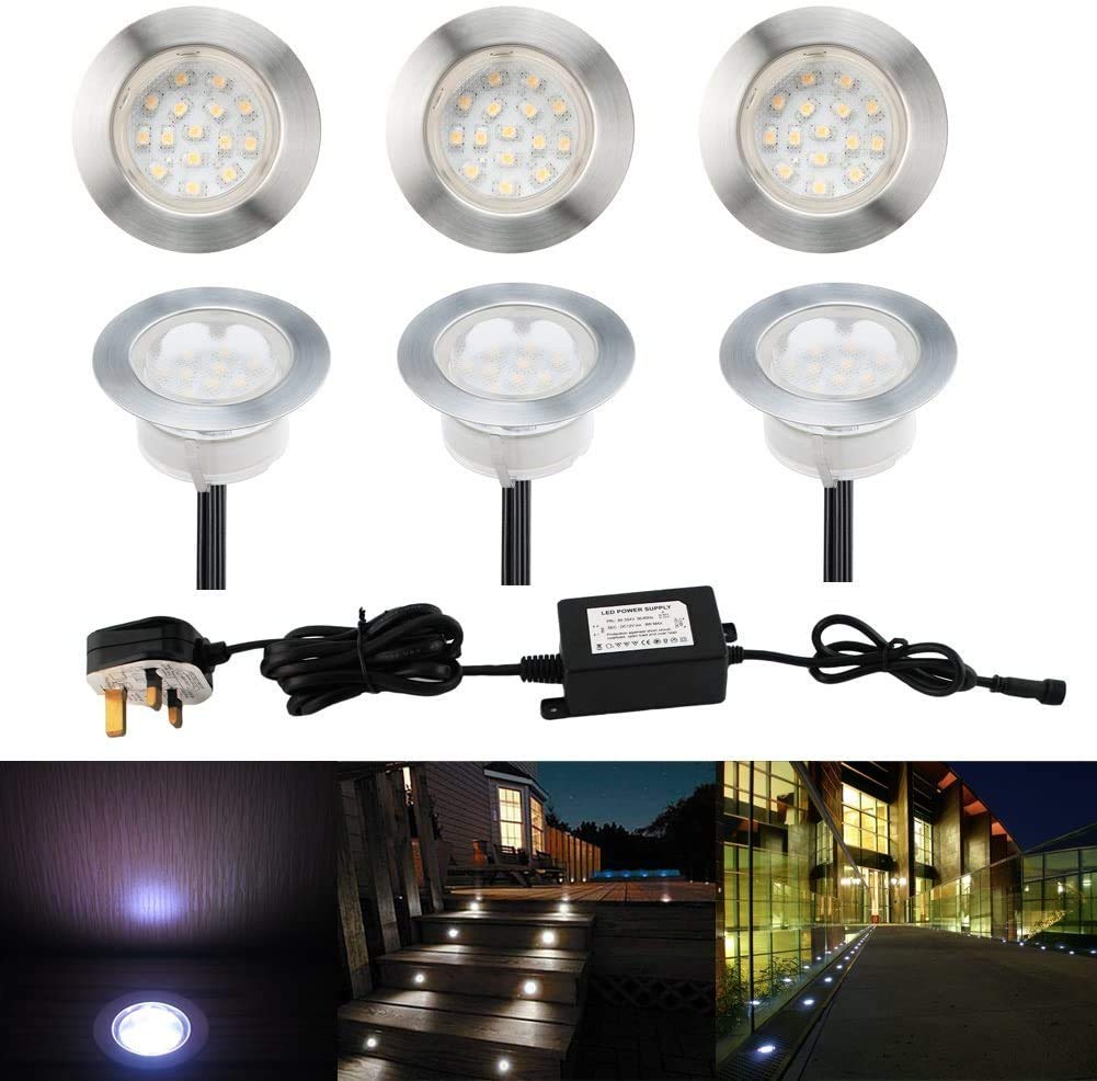 CHNXU Pack of 6 x 60mm Large Cool White Led Ground Lights Outdoor Low Voltage IP67 1.5W Waterproof Drive Over Lights