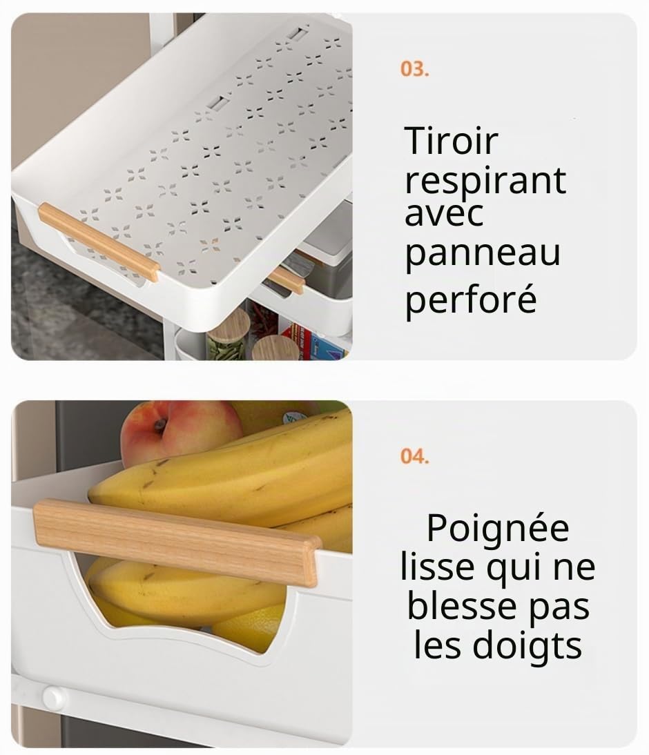CarolynDesign Chariot utilitaire à 5 niveaux avec cadre en métal et dessus en bois, rangement multifonction à roulettes avec tiroirs coulissants pour cuisine, salon, salle de bain
