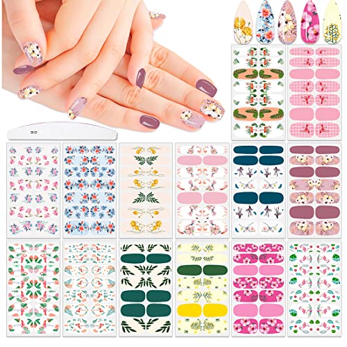 Xeaohesy 196 Pieces 14 Sheets Spring Nail Wraps Flower Nail Polish Strips Stickers Self-Adhesive Flamingo Leaf Nail Strips Gel Nail Stickers For Nails Full Nail Wraps For Women With Nail File #TOP9