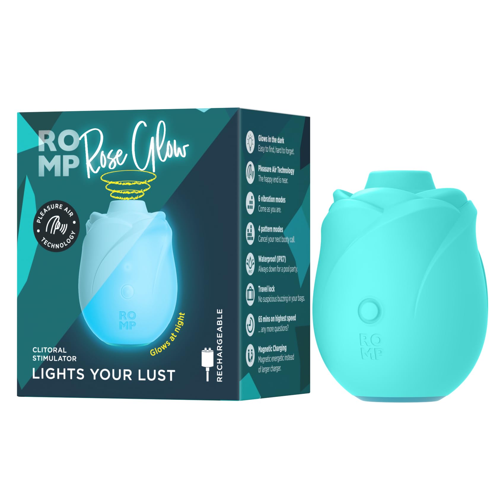 ROMP Rose Glow Succhia-Clitoride per Donna | Rosa Fosforescente con 6 Modalità di Vibrazione | Sex Toy a Suzione | Vibratore Ricaricabile e Impermeabile per Stimolazione e Piacere Femminile