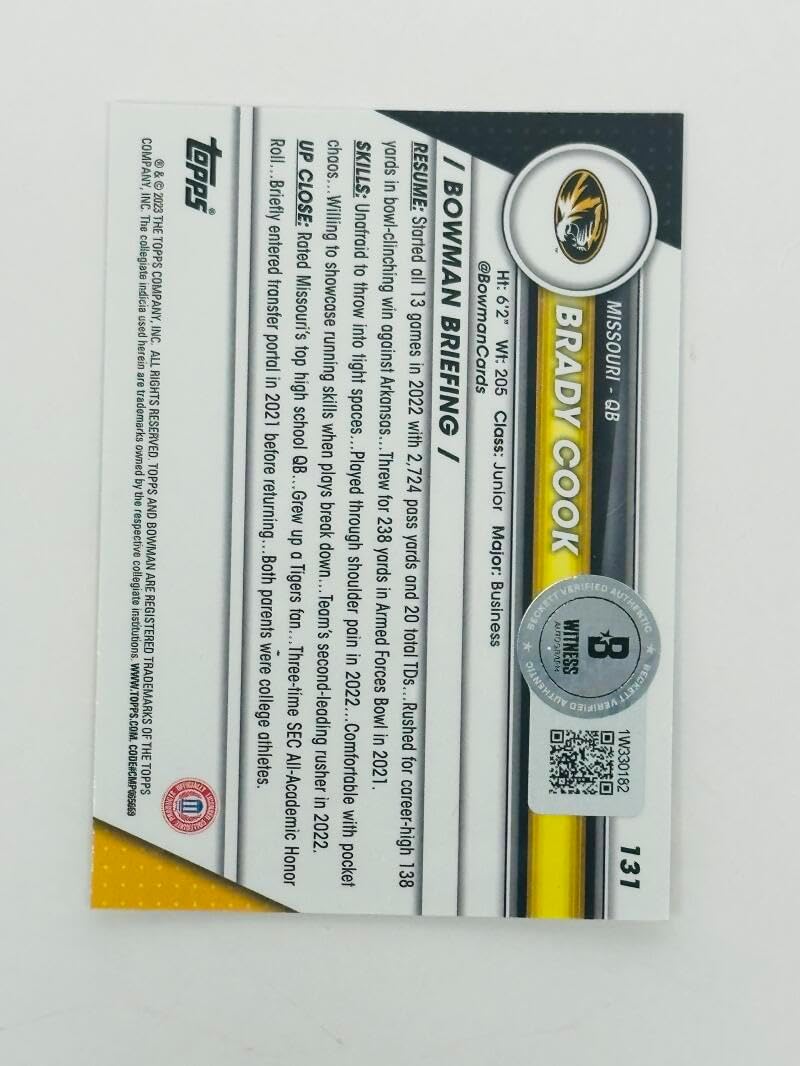 BRADY COOK SIGNED MISSOURI TIGERS SIGNED BOWMAN CHROME ROOKIE CARD AUTOGRAPH 182