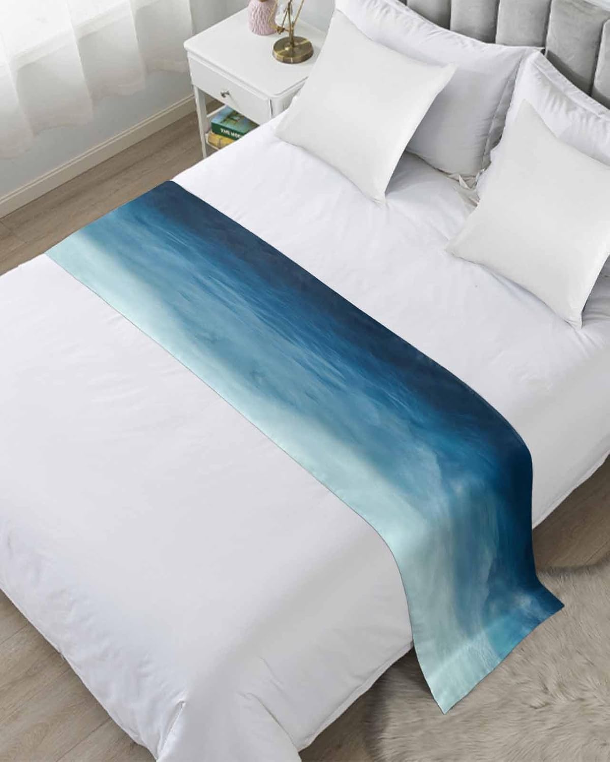 Blue Ombre Bed Runner Scarf Twin Size, Coastal Beach Modern Abstract Art Luxury Bed Throw Runners & Scarves for Twin Full Queen King Foot of Beds, Bedroom Hotel Wedding Room Decoration, 71"x20"