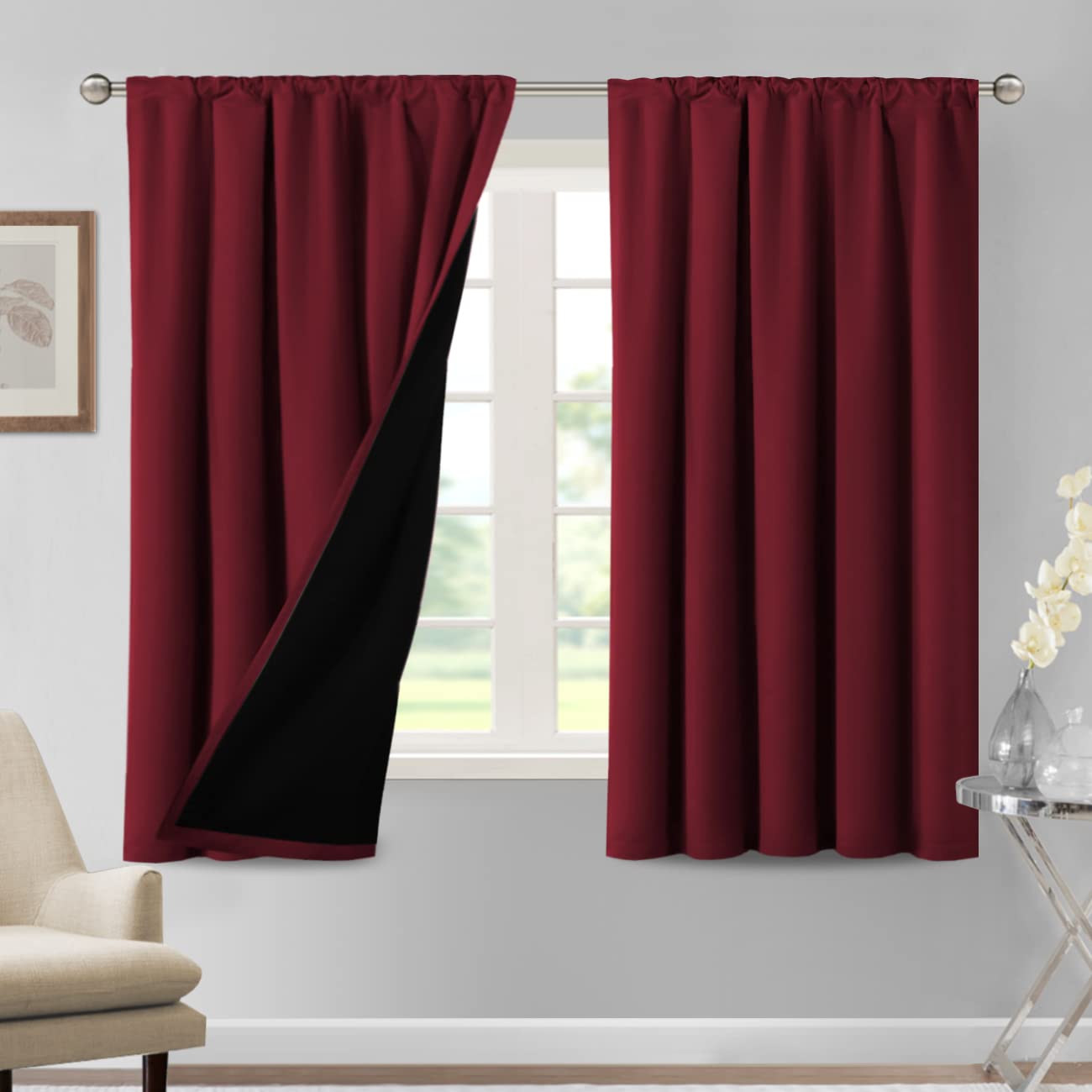 H.VERSAILTEX 100% Blackout Curtains for Bedroom Thermal Insulated Blackout Curtains 63 Inches Long Rod Pocket Window Drapes for Living Room with Black